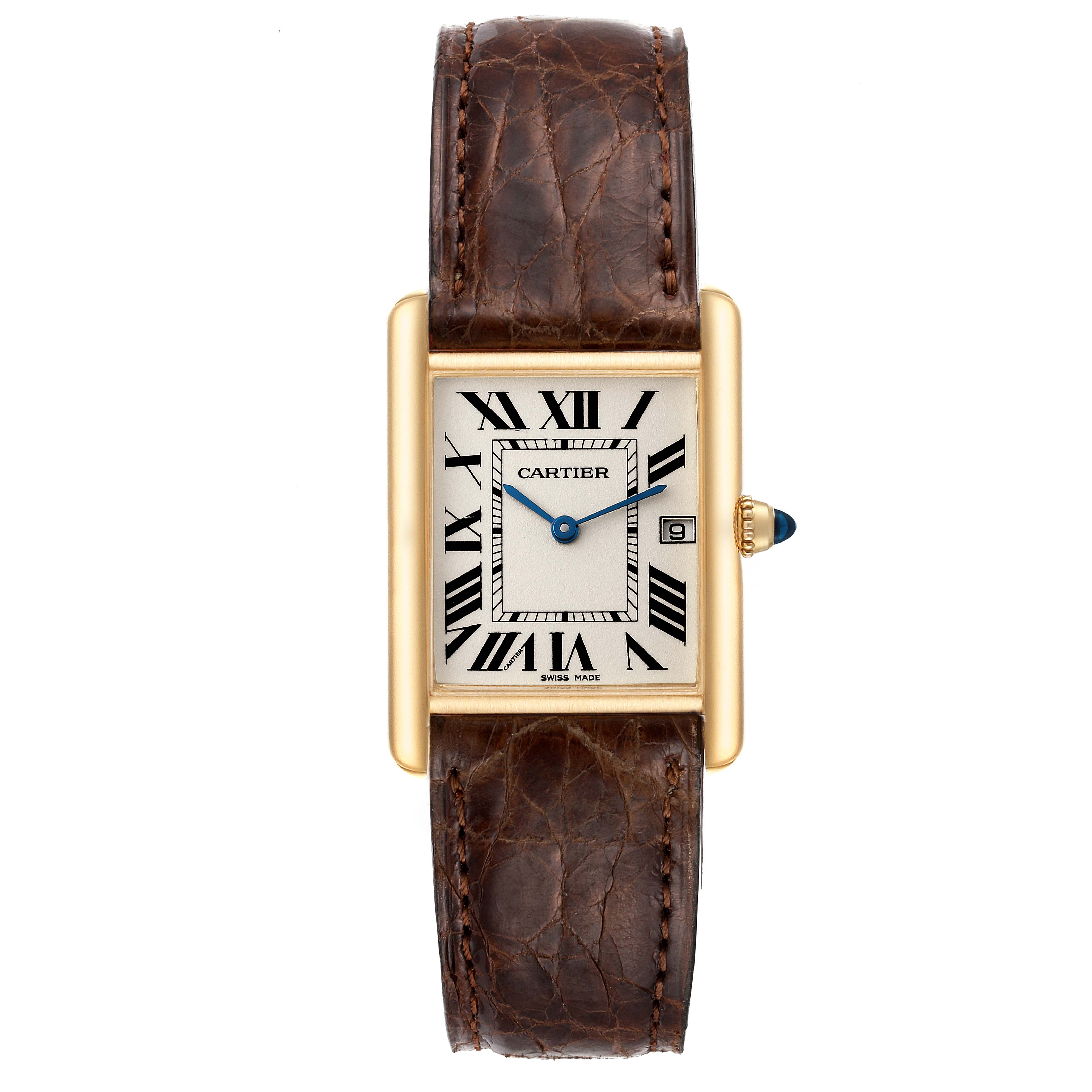 The image showcases a front view of a Cartier Tank Louis W1529756 Men
s Yellow Gold Silver Dial W1529756 Men
s Yellow Gold Silver Dial watch with a brown leather strap.