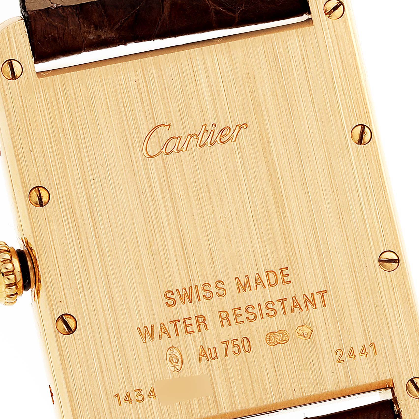 The image shows the back case of a Cartier Tank Louis W1529756 Men
s Yellow Gold Silver Dial W1529756 Men
s Yellow Gold Silver Dial watch, featuring the brand
s engraving and specifications.