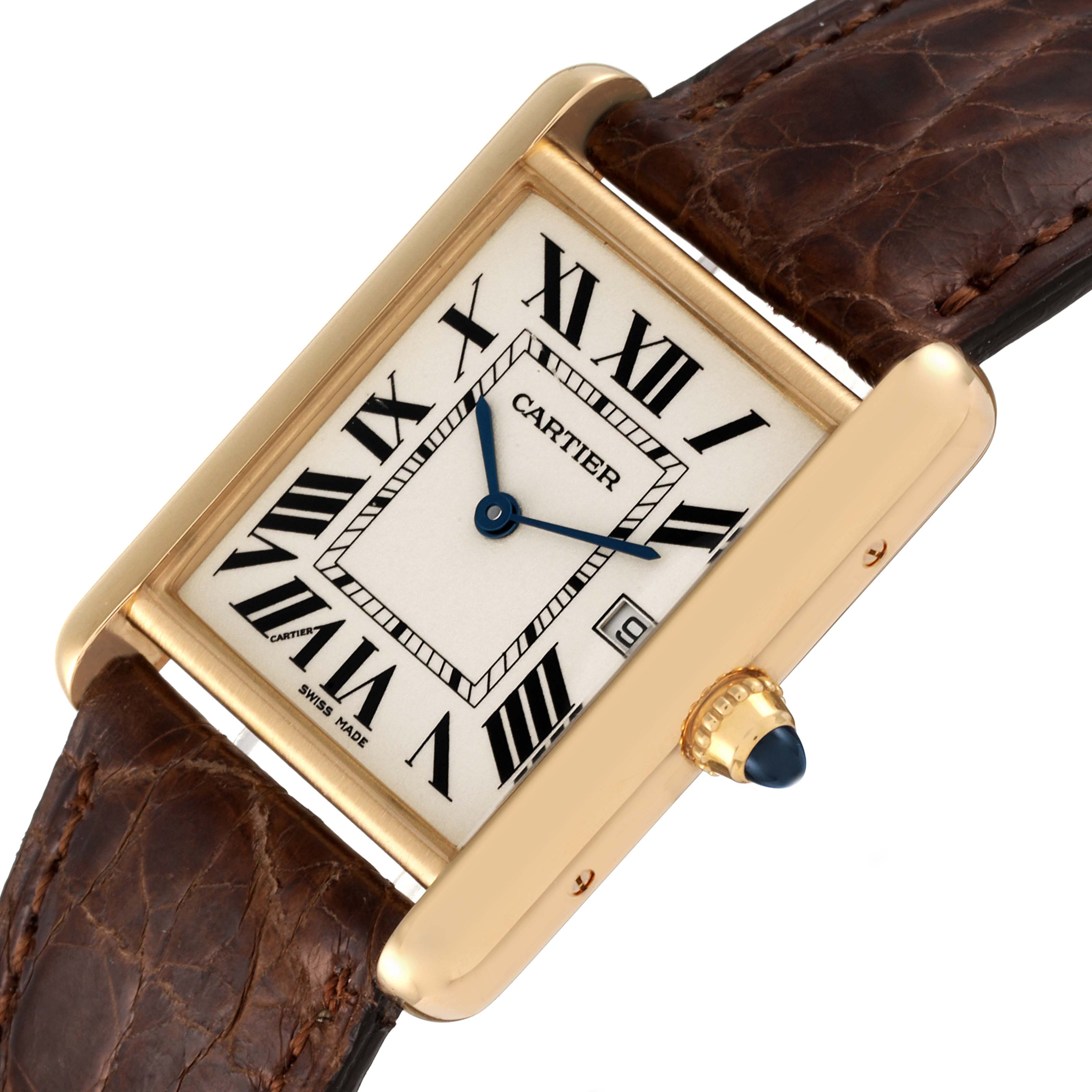 The image shows the face and part of the strap of a Cartier Tank Louis W1529756 Men
s Yellow Gold Silver Dial W1529756 Men
s Yellow Gold Silver Dial watch, angled slightly to the right.