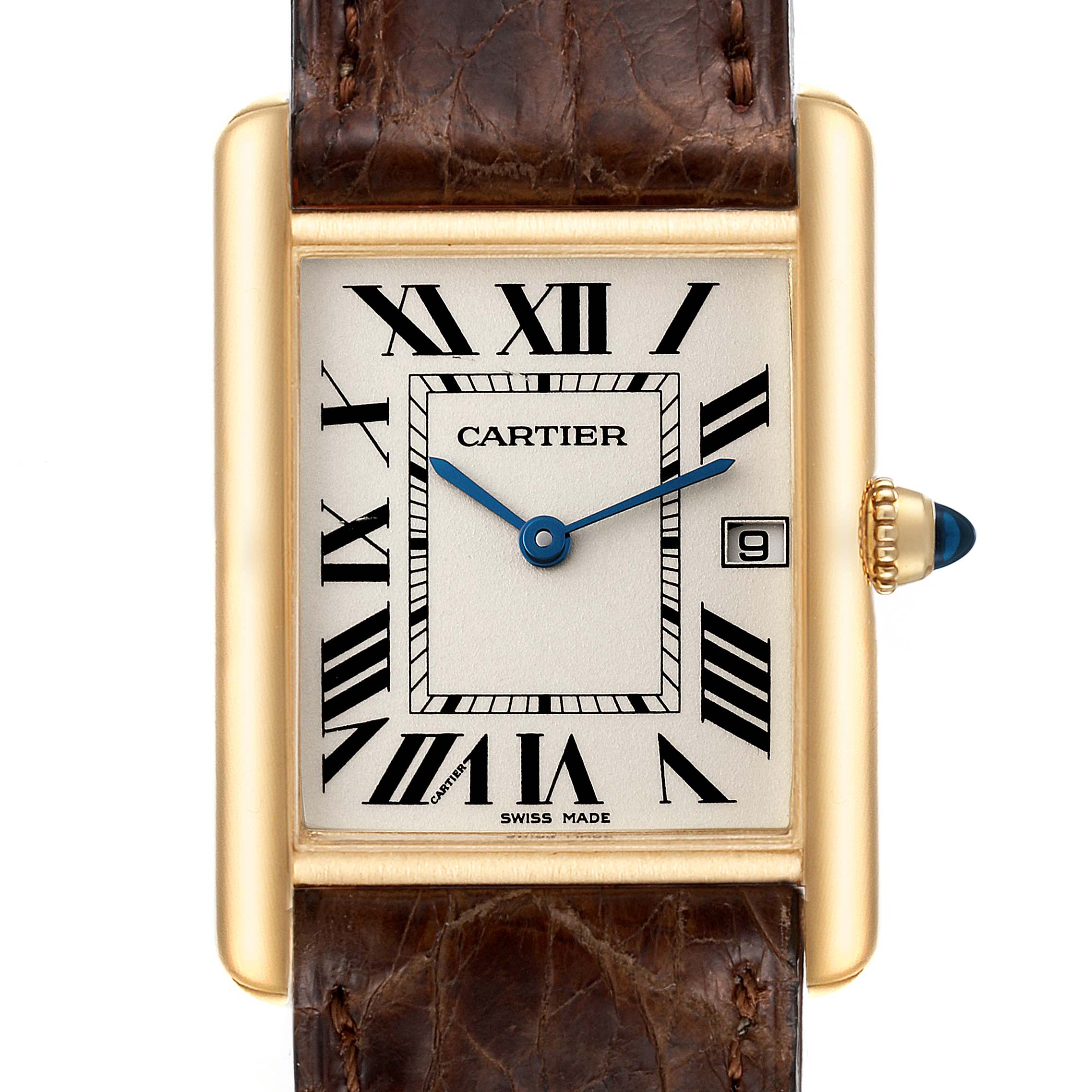 The Cartier Tank Louis W1529756 Men
s Yellow Gold Silver Dial W1529756 Men
s Yellow Gold Silver Dial watch is shown from a front angle, displaying its face, leather strap, and crown.