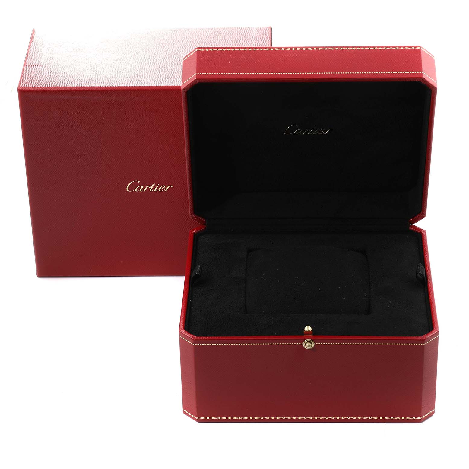 This image shows an open red Cartier box designed for the Tank Louis model watch, with a cushion inside for holding the watch.