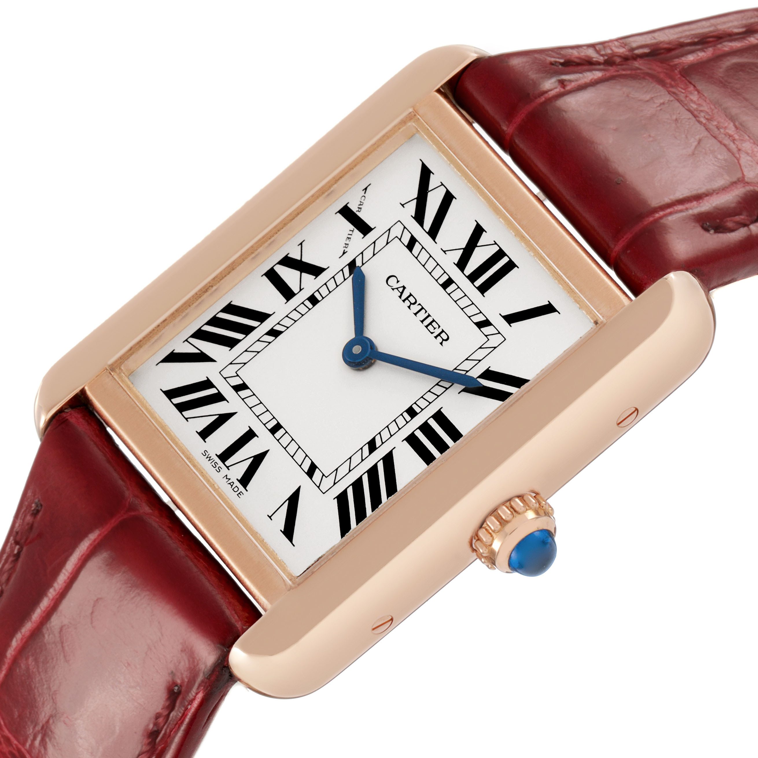 The Cartier Tank Solo W5200024 Women's Steel and Gold (two tone) Silver Dial watch is shown at an angle highlighting its rectangular face, Roman numerals, crown, and leather strap.