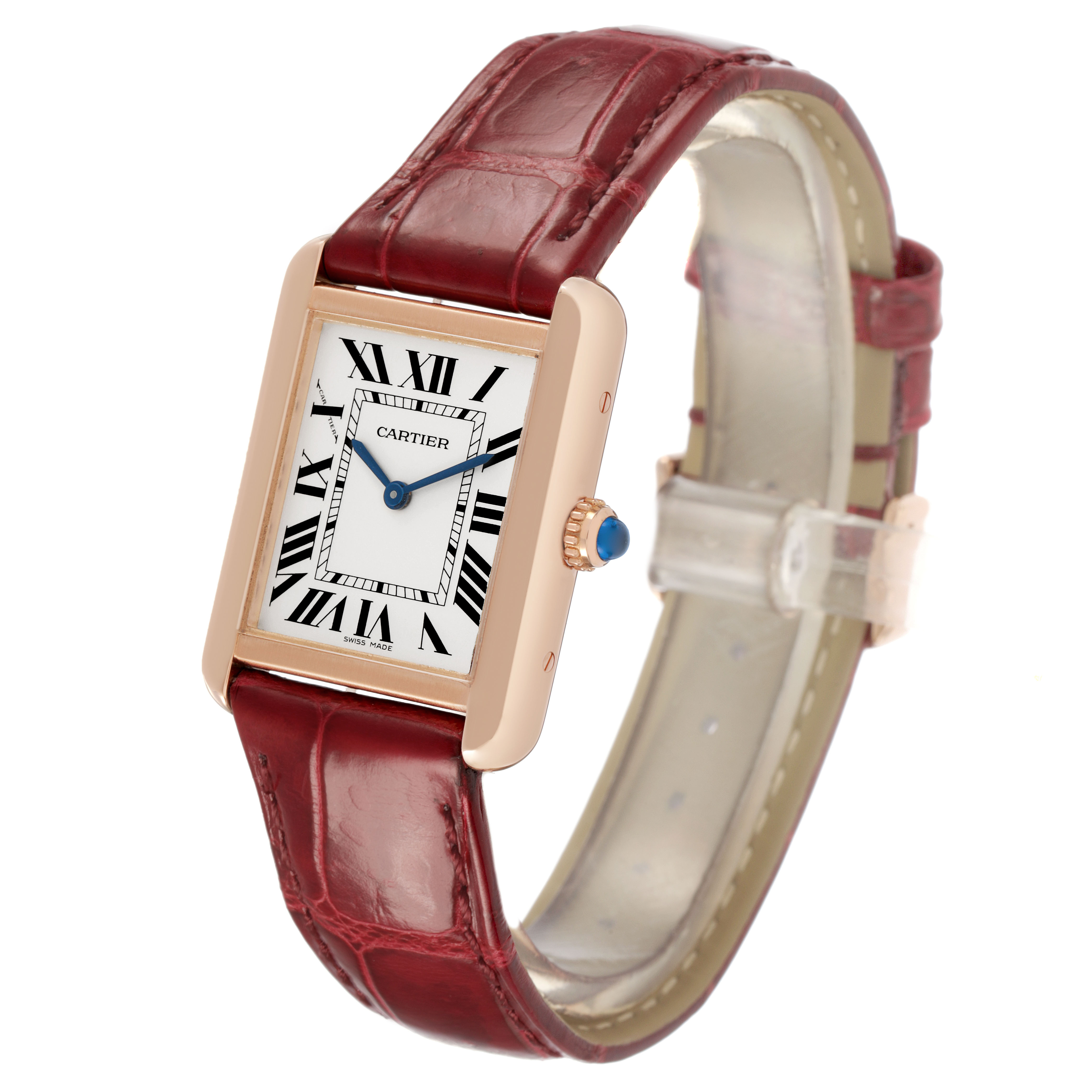 The Cartier Tank Solo W5200024 Women's Steel and Gold (two tone) Silver Dial watch is shown at a slight angle, highlighting the rectangular case, Roman numerals, and red leather strap.