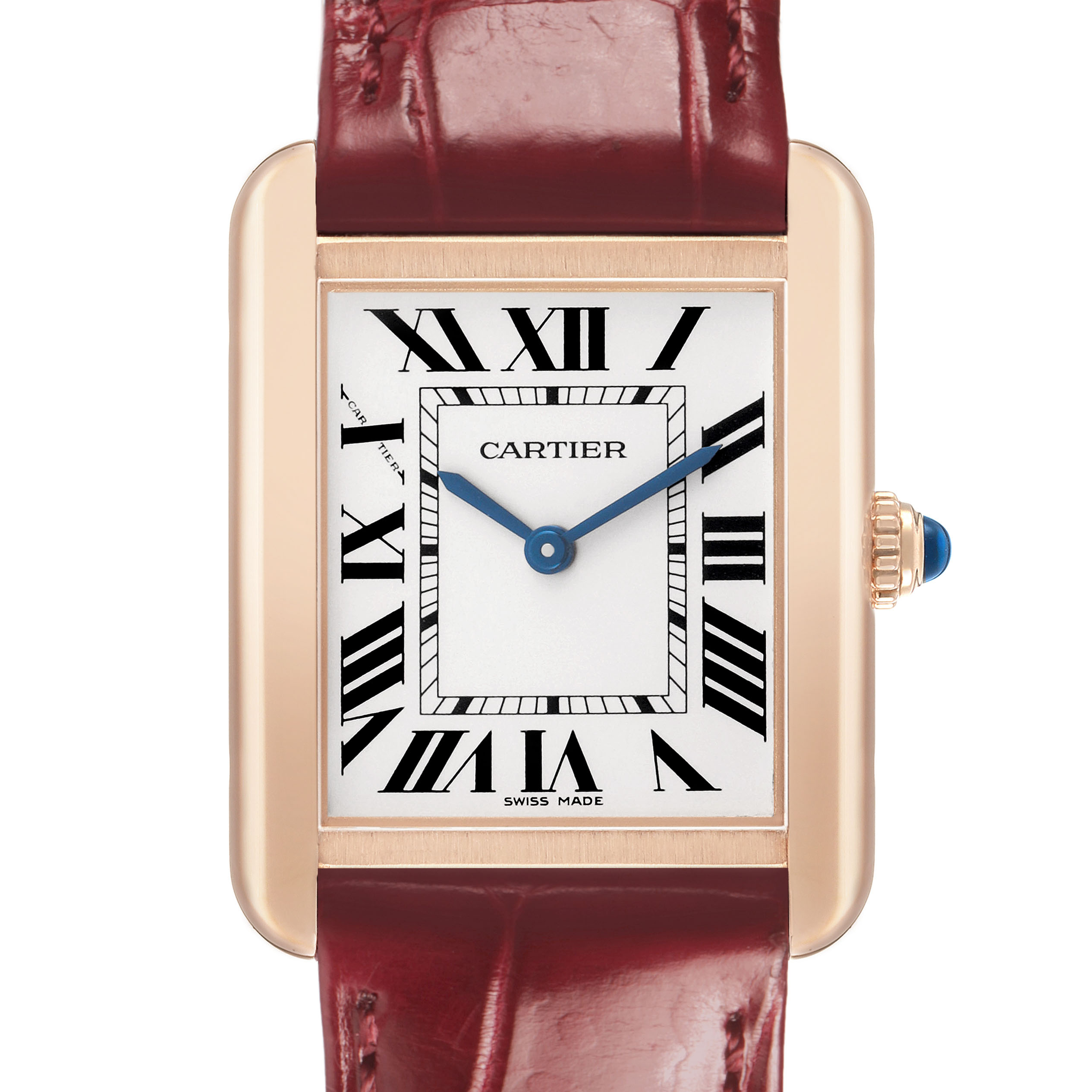 The Cartier Tank Solo W5200024 Women's Steel and Gold (two tone) Silver Dial watch is shown from the front, highlighting its face, bezel, and strap.