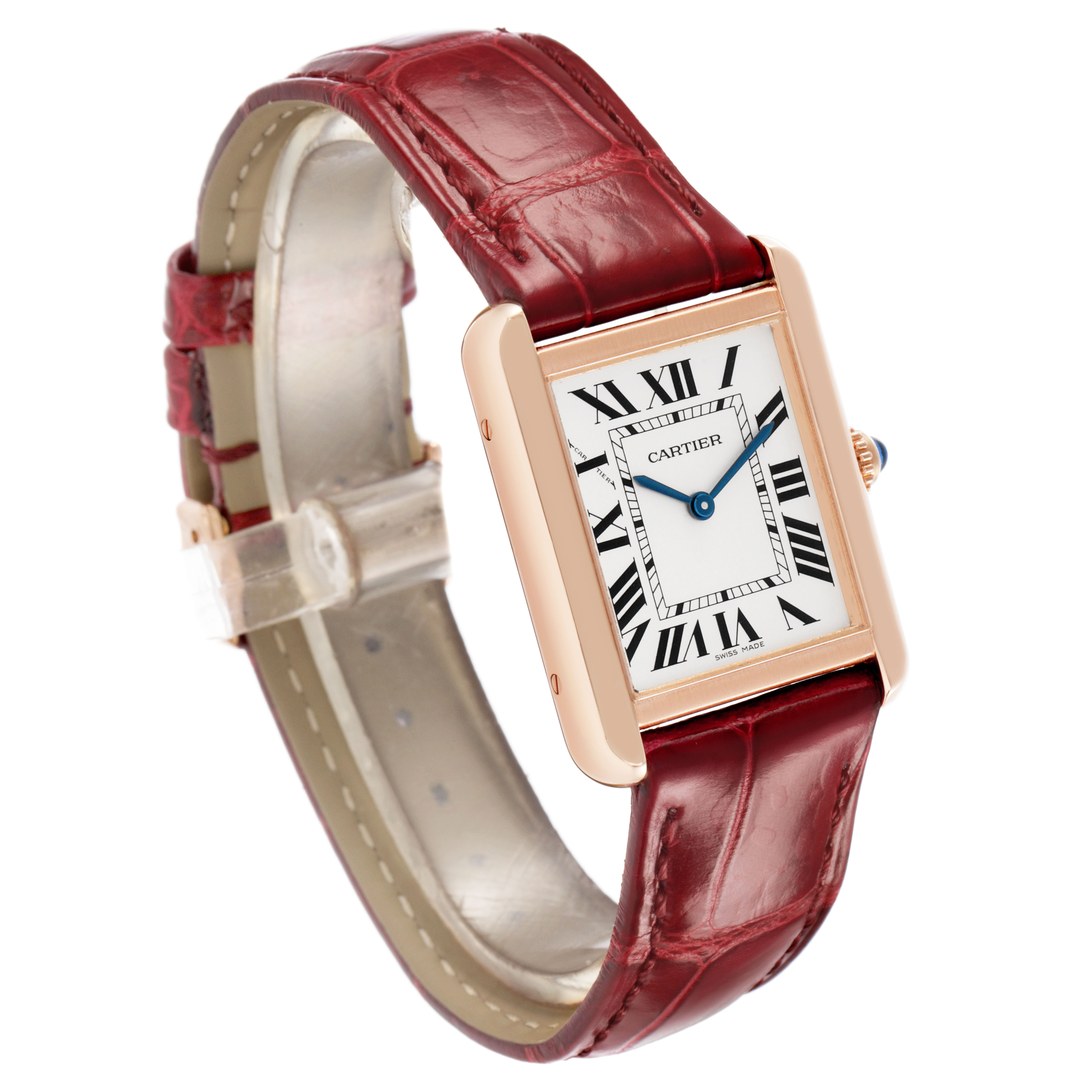 The Cartier Tank Solo W5200024 Women's Steel and Gold (two tone) Silver Dial watch is shown at an angle displaying the face, Roman numerals, and red leather strap.