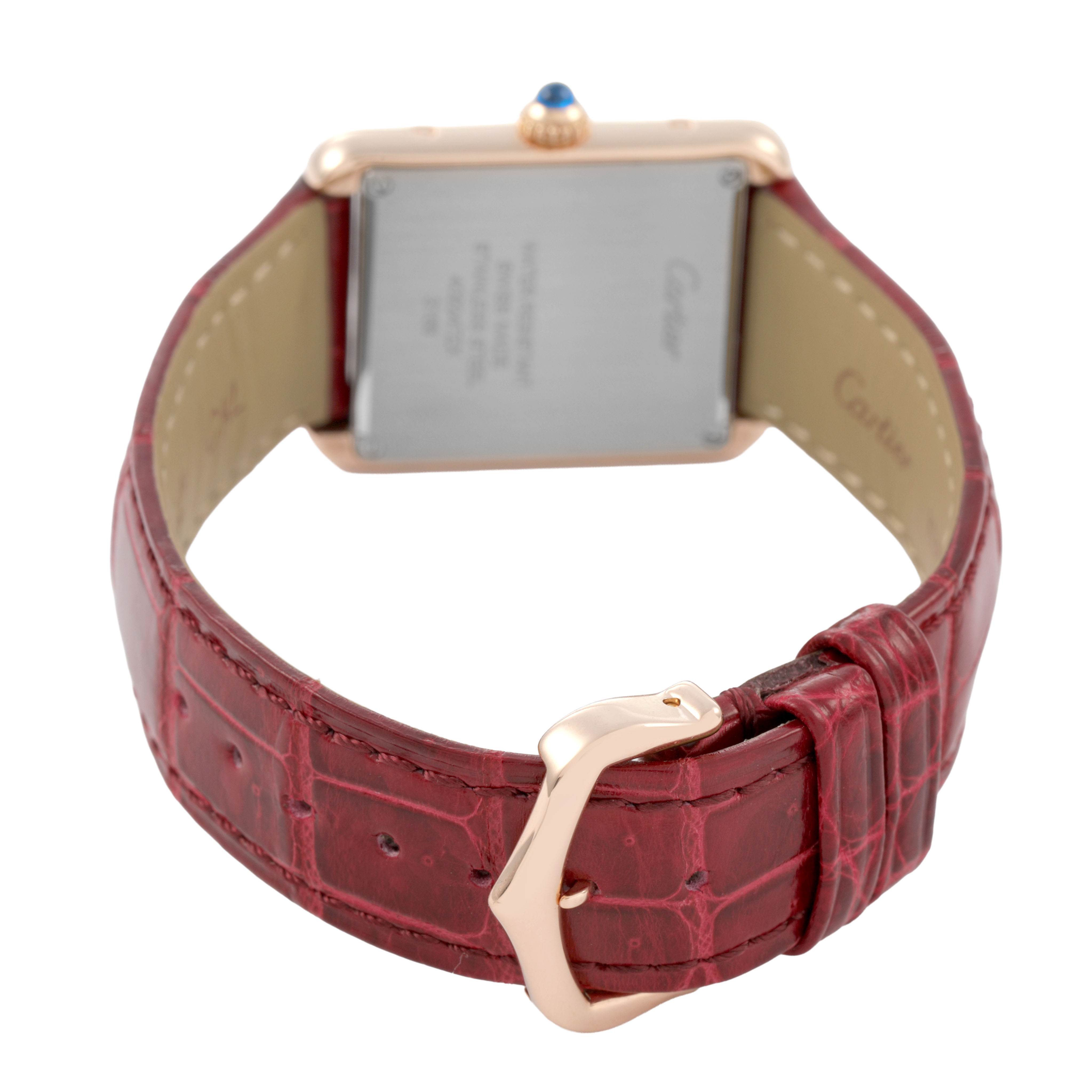The image shows the back view of the Cartier Tank Solo W5200024 Women's Steel and Gold (two tone) Silver Dial watch, highlighting the red leather band and buckle.