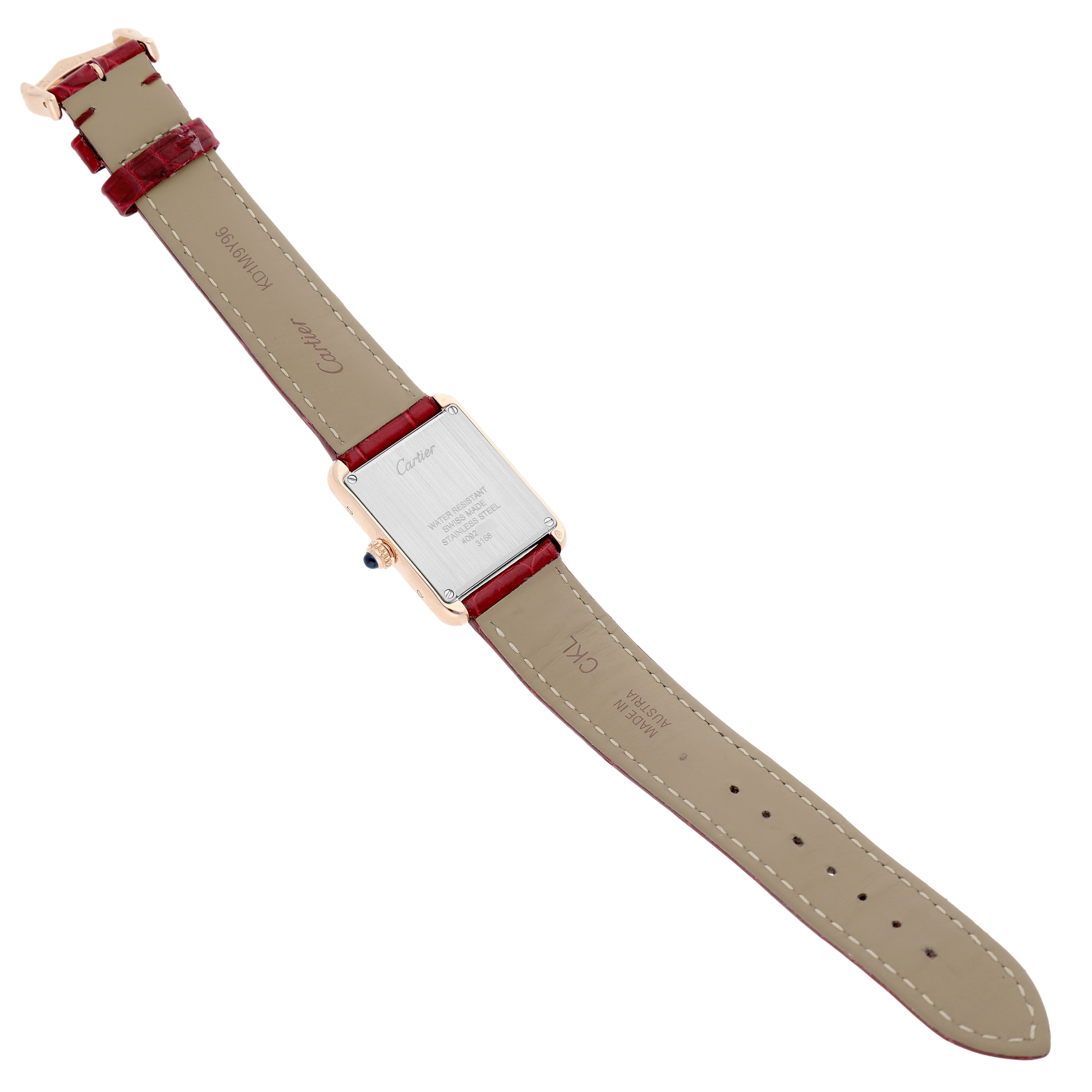 The image shows the back of the Cartier Tank Solo W5200024 Women's Steel and Gold (two tone) Silver Dial watch, including the case back and strap.