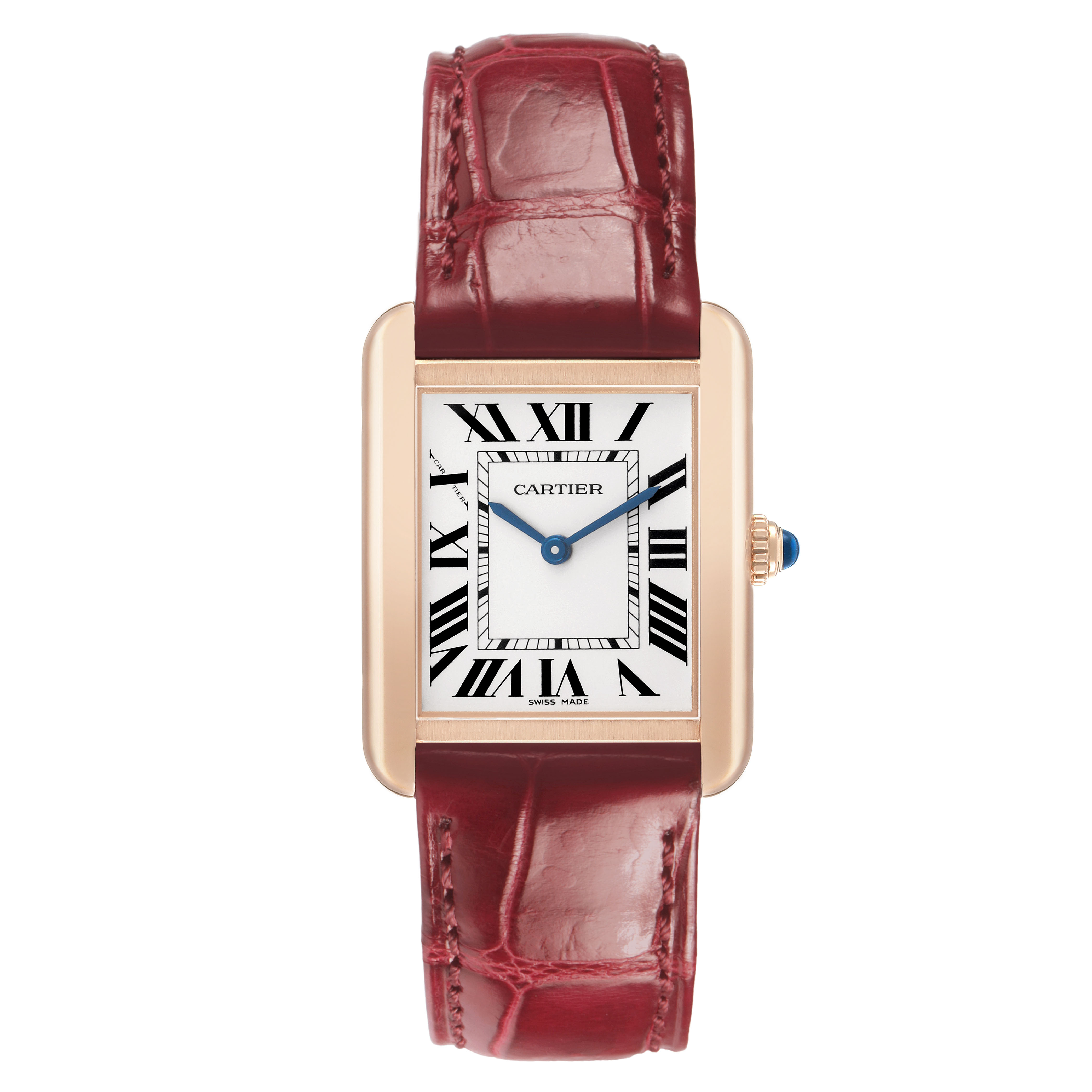 The Cartier Tank Solo W5200024 Women's Steel and Gold (two tone) Silver Dial watch is shown from the front, highlighting its rectangular face, Roman numerals, and red leather strap.