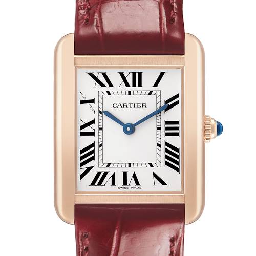The Cartier Tank Solo W5200024 Women's Steel and Gold (two tone) Silver Dial watch is shown from the front, highlighting the face, Roman numerals, blue hands, and leather strap.