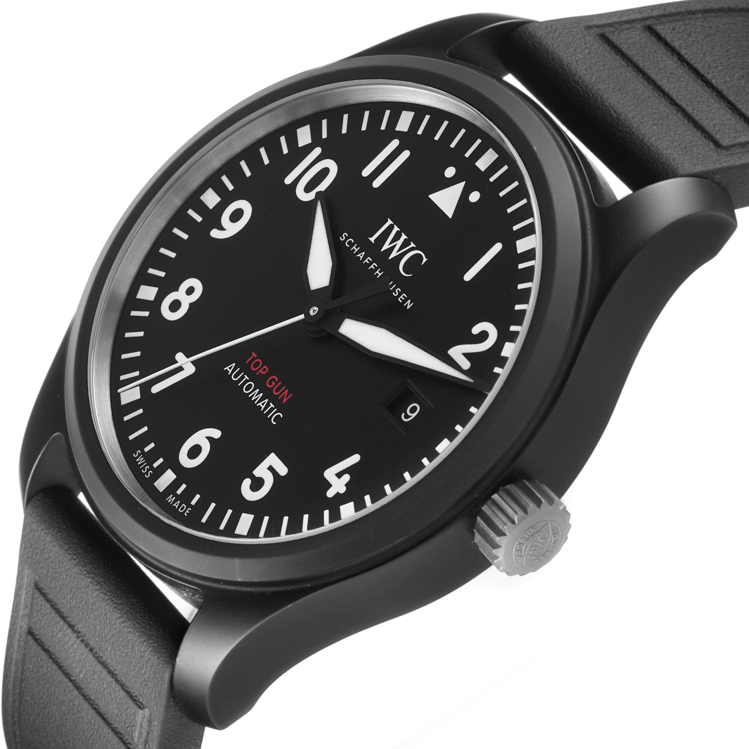 The IWC Pilot 84738 Men's Ceramic Black Dial model watch is shown at an angled view highlighting the dial, crown, and strap.