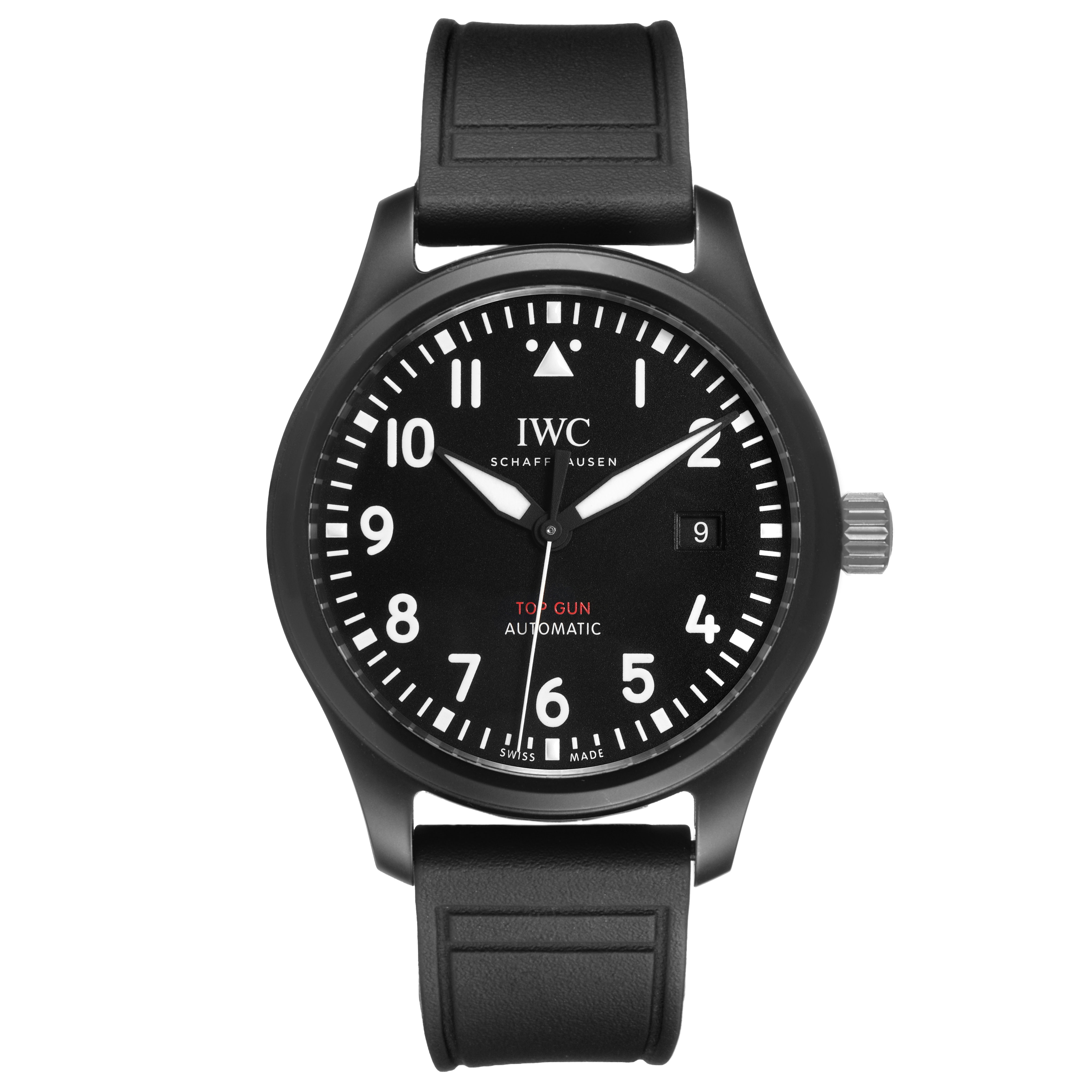 The IWC Pilot 84738 Men's Ceramic Black Dial watch is shown from a front angle, displaying the dial, hands, and strap clearly.