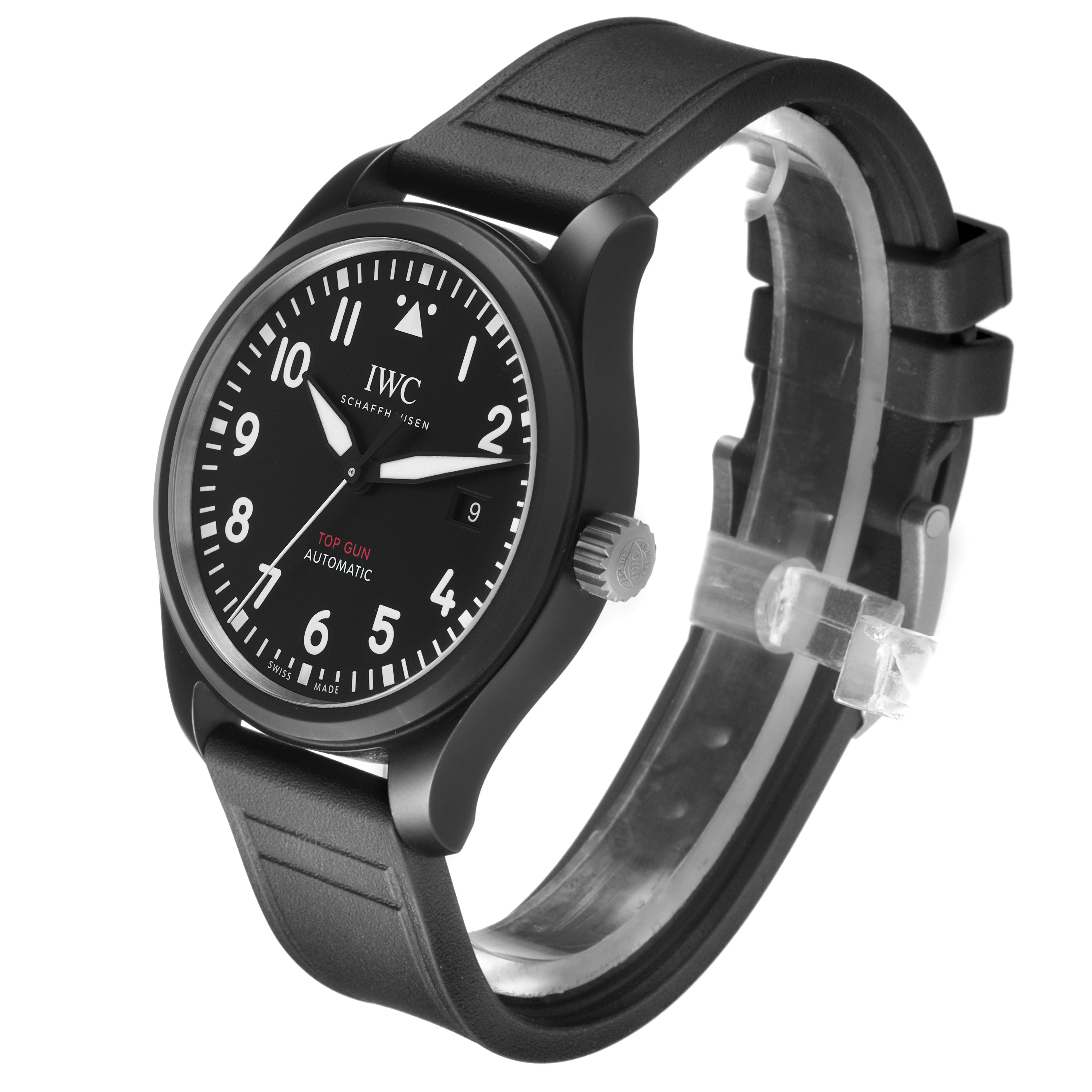 The IWC Pilot 84738 Men's Ceramic Black Dial watch is shown at a three-quarter angle, highlighting the face, bezel, crown, and strap.