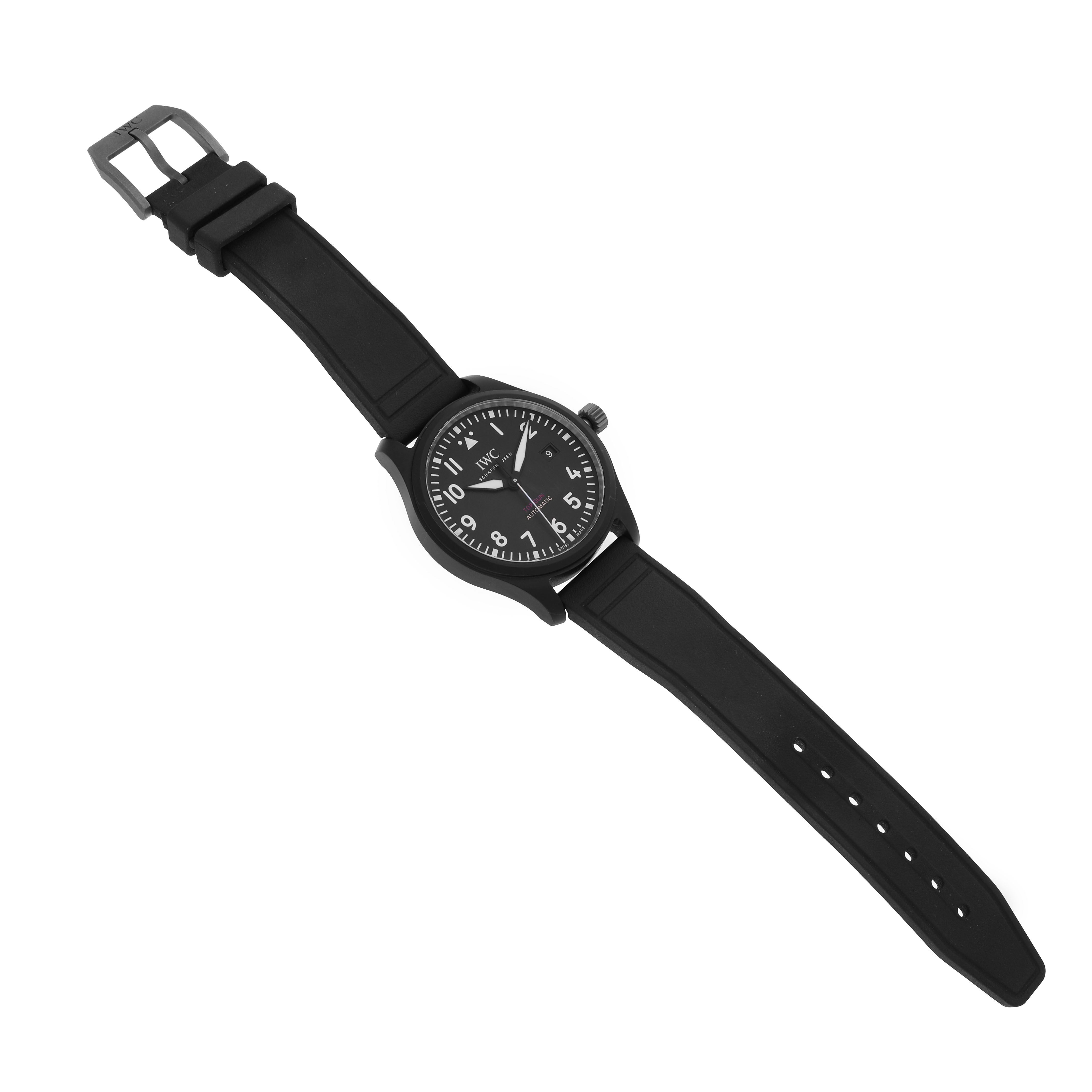 The IWC Pilot 84738 Men's Ceramic Black Dial watch is shown from an overhead angle, displaying its face, strap, and buckle.