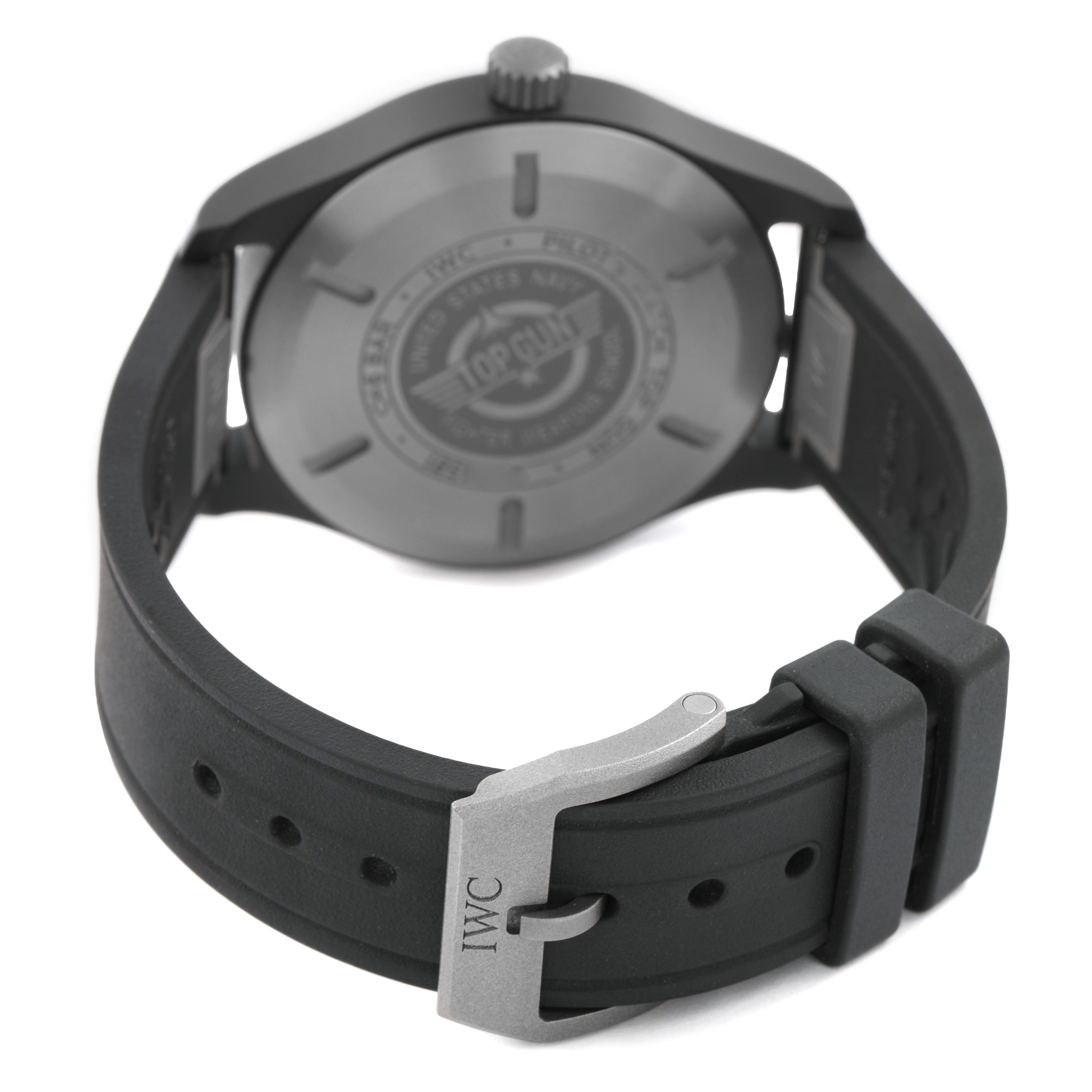 The IWC Pilot 84738 Men's Ceramic Black Dial model is shown from the back, highlighting the case back, strap, and buckle.