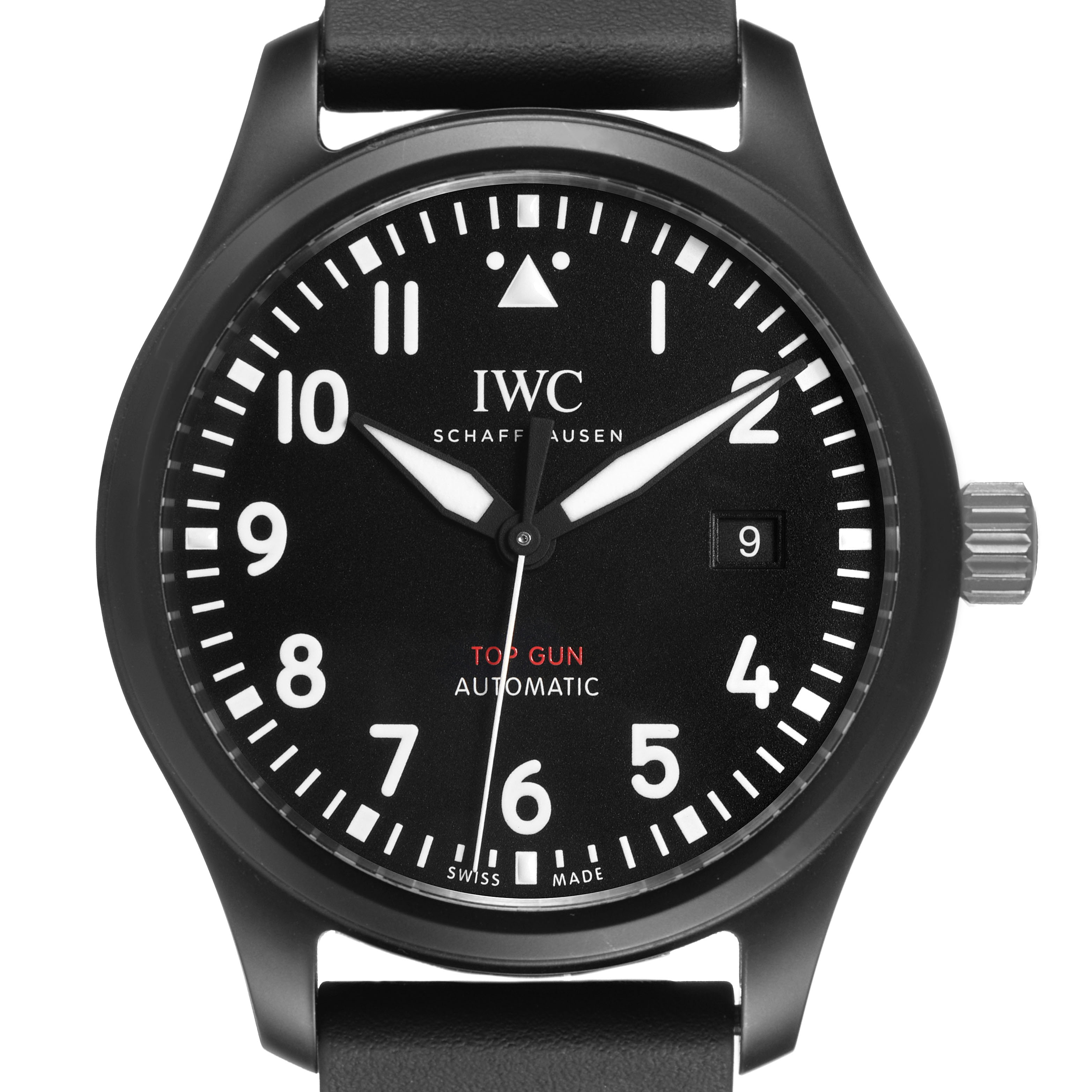 The IWC Pilot 84738 Men's Ceramic Black Dial watch is shown from the front, displaying the dial, hands, and date window.