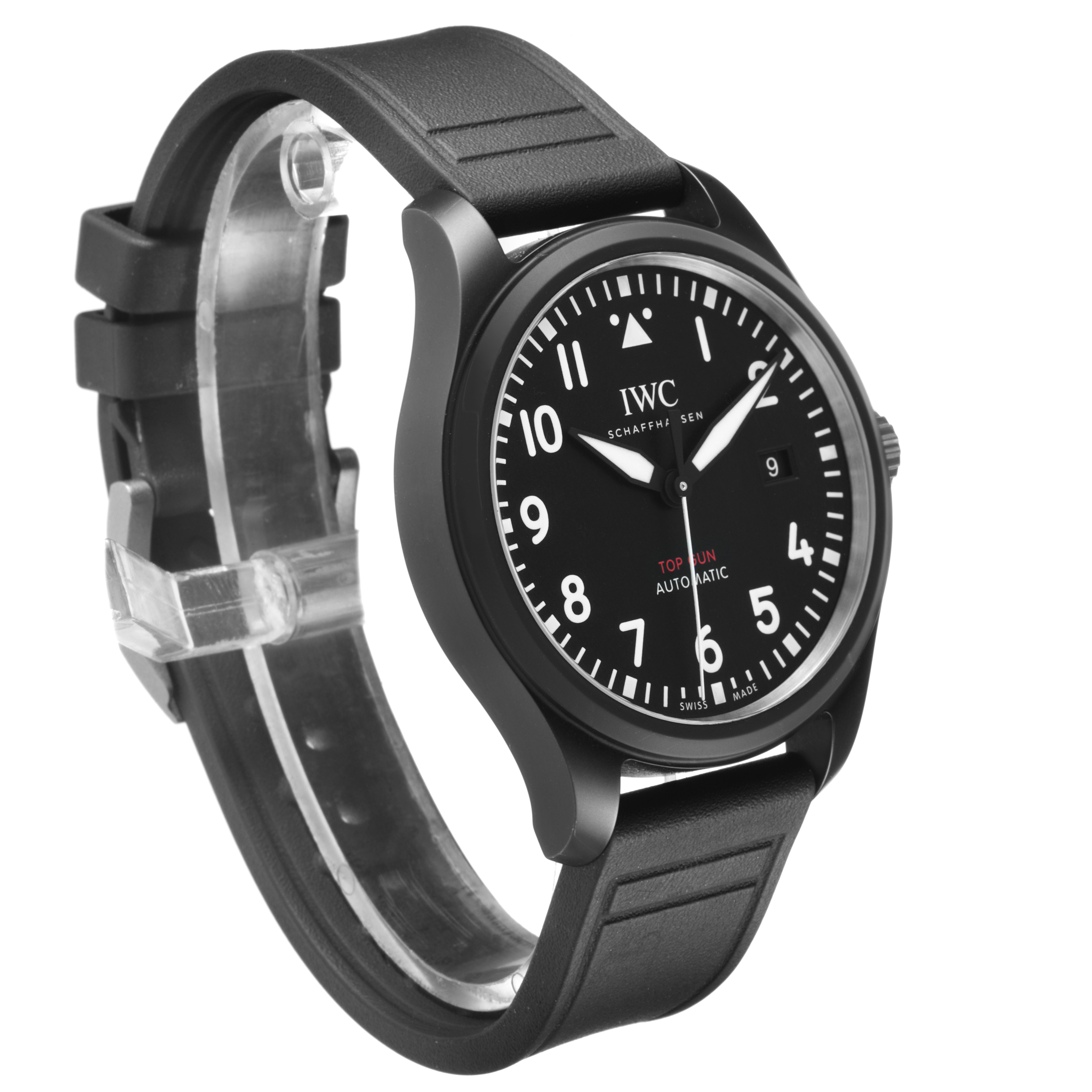 The IWC Pilot 84738 Men's Ceramic Black Dial model watch is shown at an angle highlighting the black dial, numerals, case, and black strap.