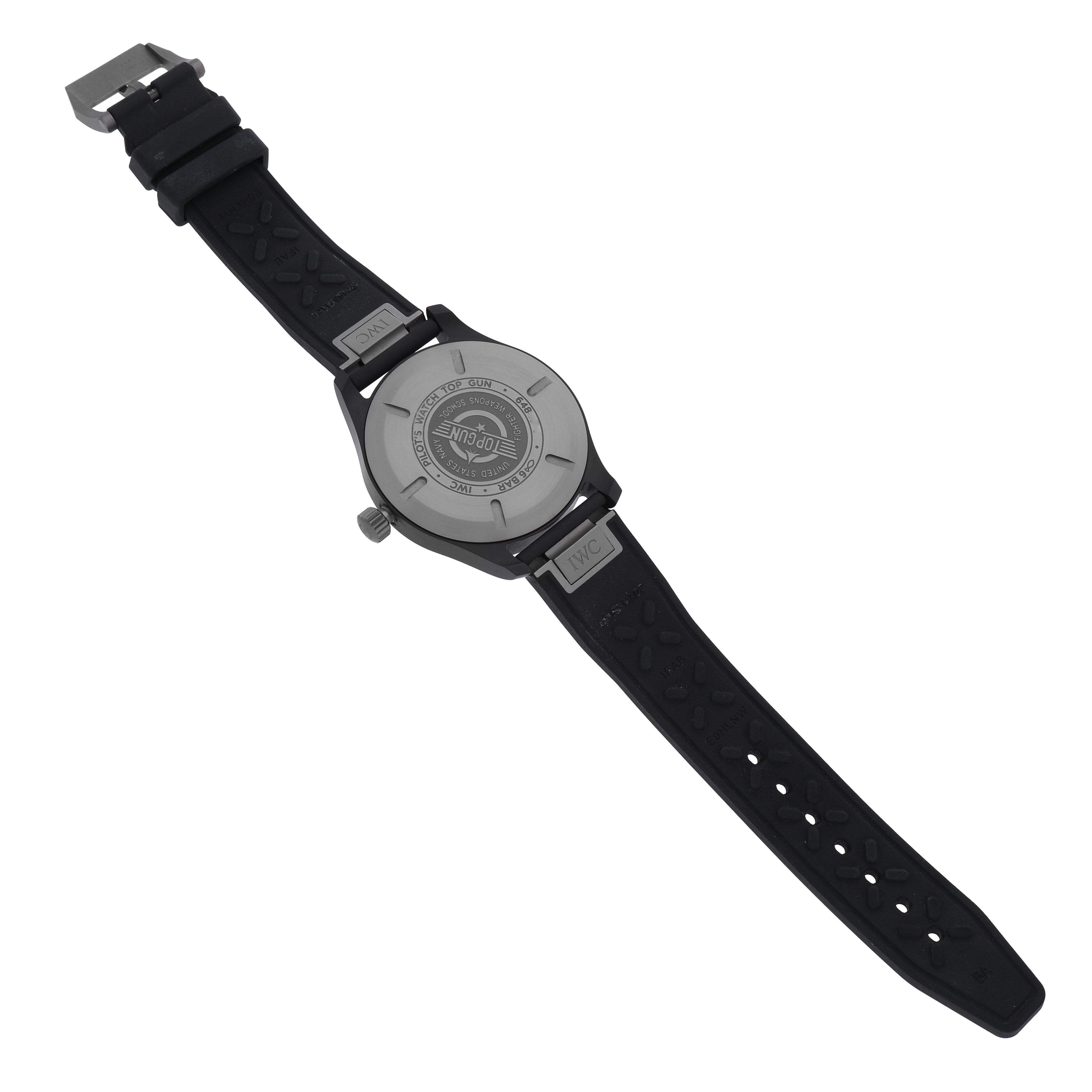 The image shows the back view of an IWC Pilot 84738 Men's Ceramic Black Dial watch, highlighting the case back, strap, and buckle.
