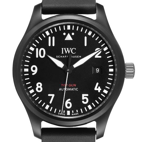 The IWC Pilot 84738 Men's Ceramic Black Dial watch is shown from the front, highlighting the dial, numerals, hands, crown, and "Top Gun" label.