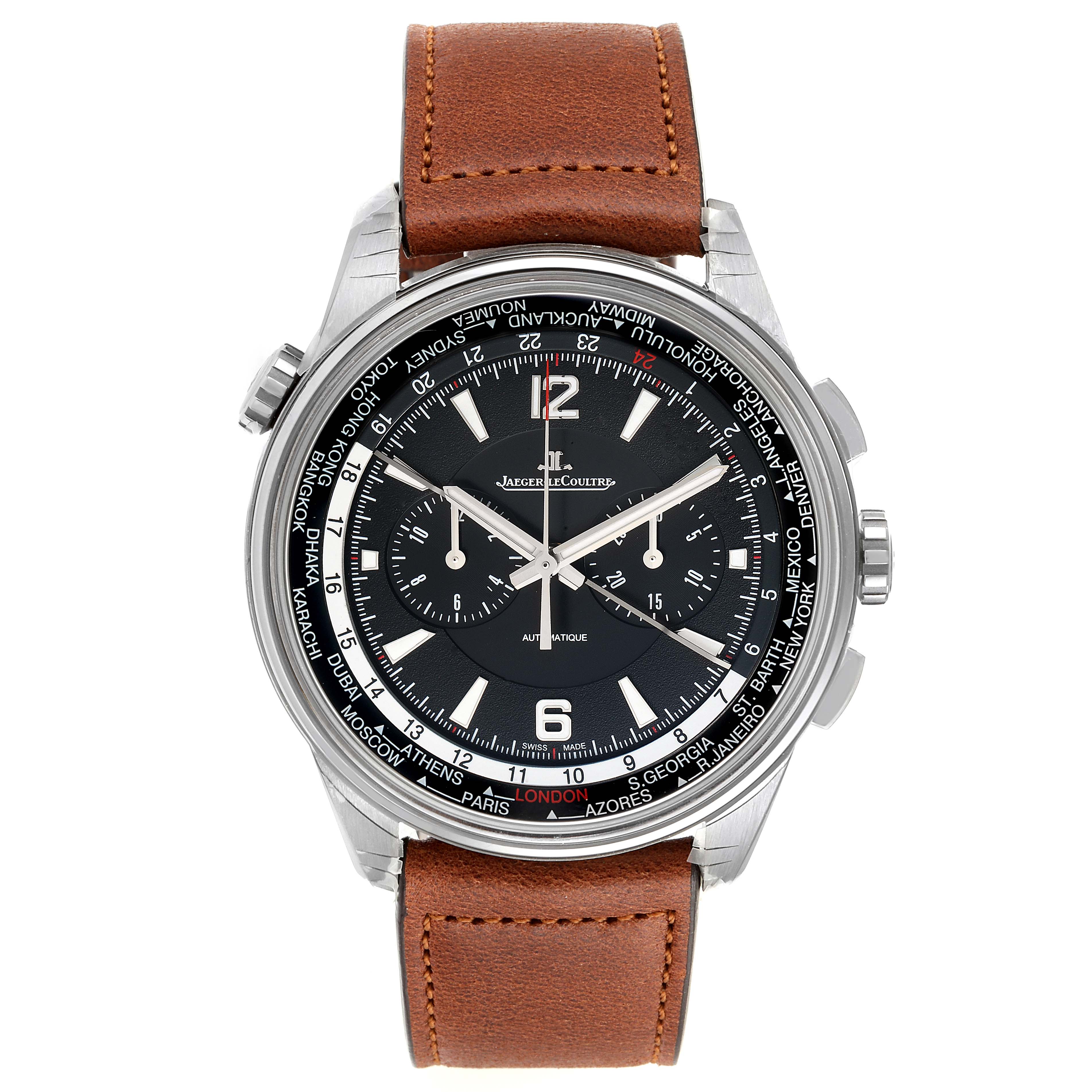 The image shows a front view of the Jaeger-LeCoultre Polaris watch, featuring its face, dials, and brown leather strap.