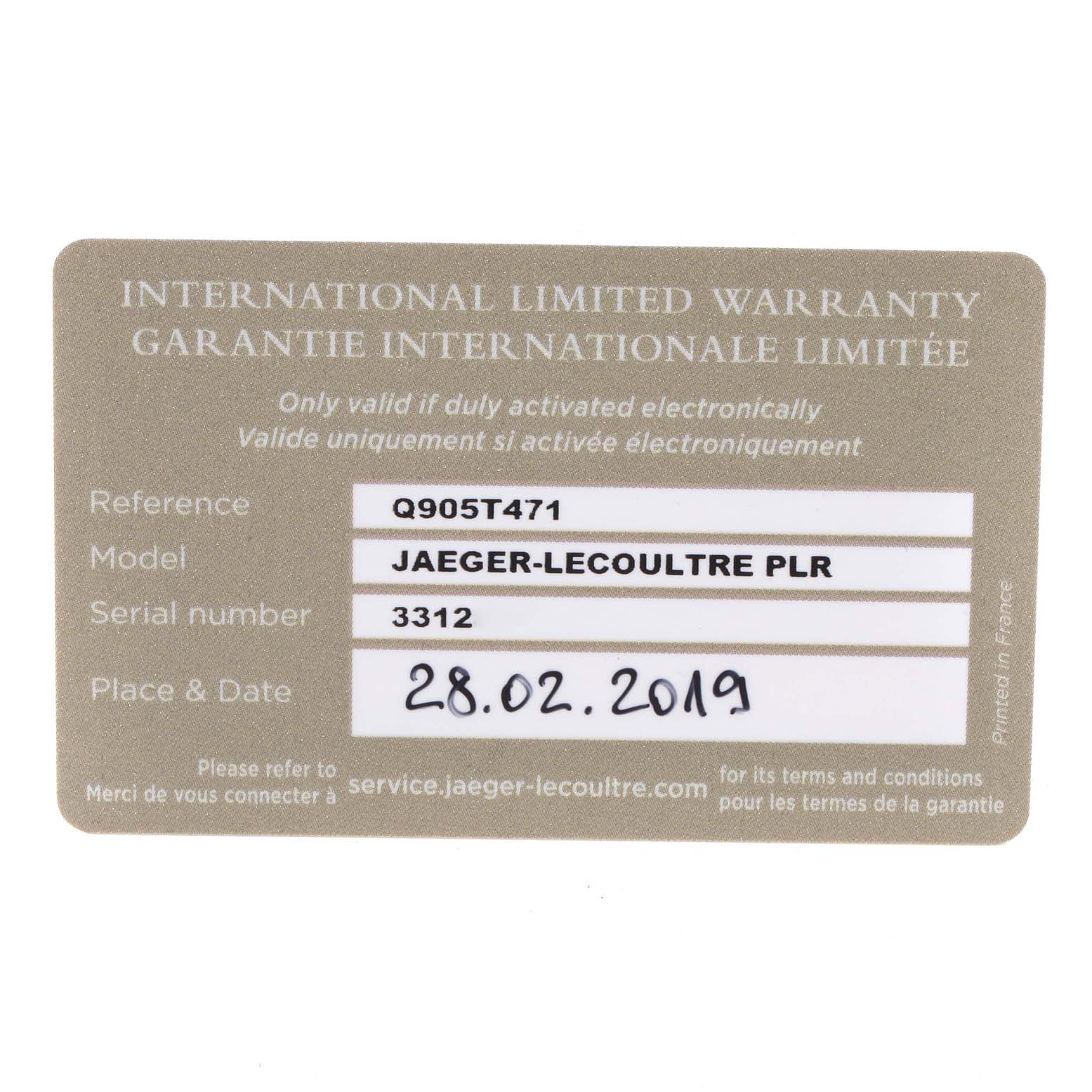 This image shows the international limited warranty card for the Jaeger-LeCoultre Polaris model.