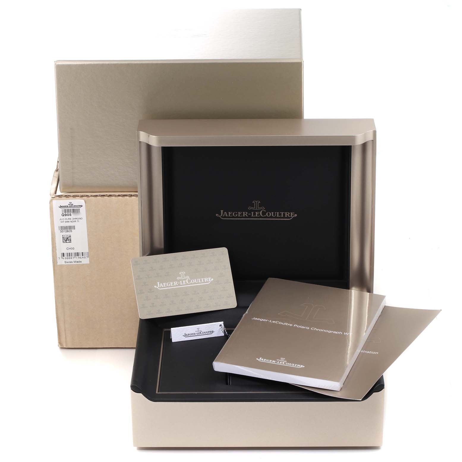 This image shows the packaging, manuals, and identification cards for a Jaeger LeCoultre Polaris Q905T471 Men's Titanium Black Dial Q905T471 Men's Titanium Black Dial watch.