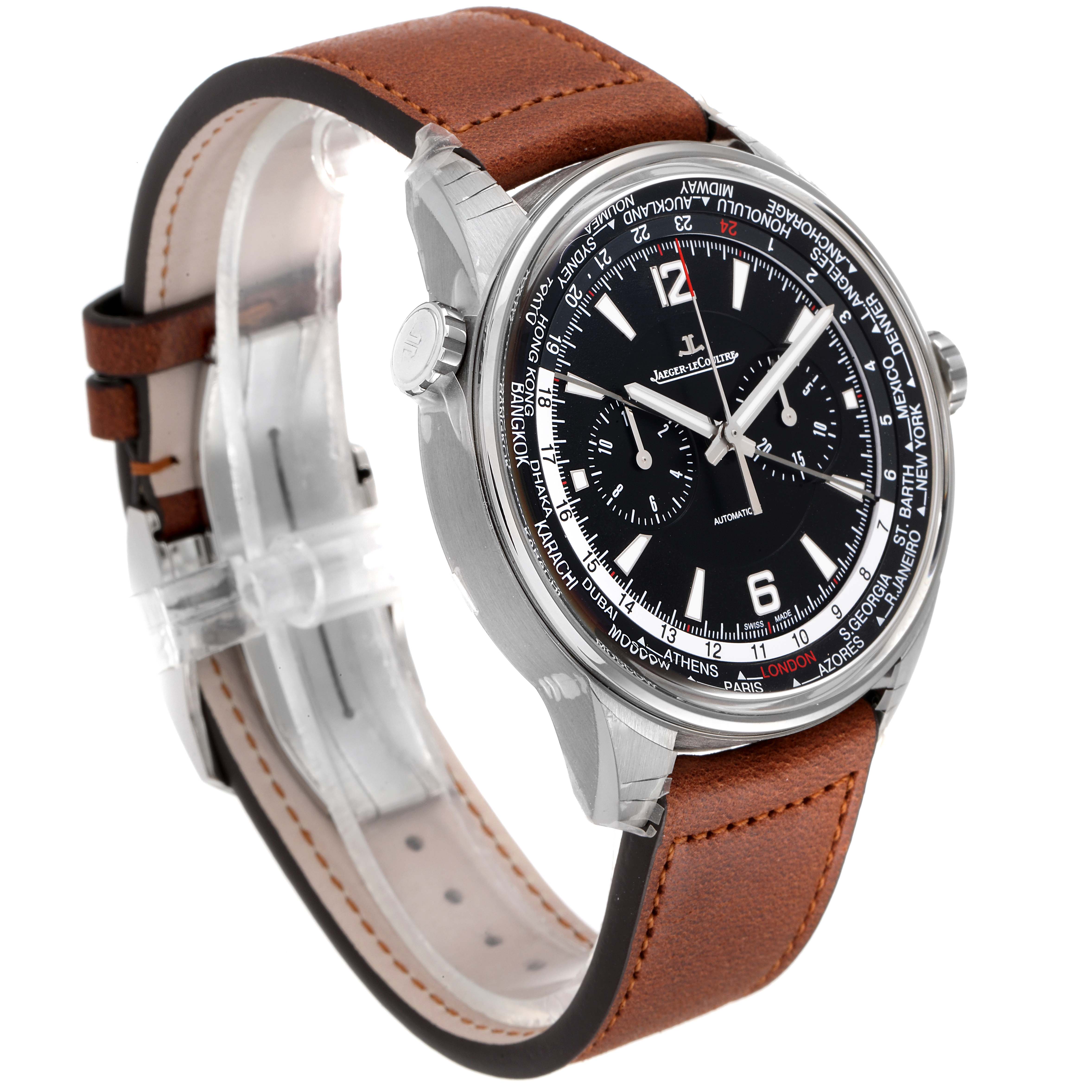 This Jaeger LeCoultre Polaris Q905T471 Men's Titanium Black Dial Q905T471 Men's Titanium Black Dial watch is shown at an angled front view, displaying the dial, case, and brown leather strap.