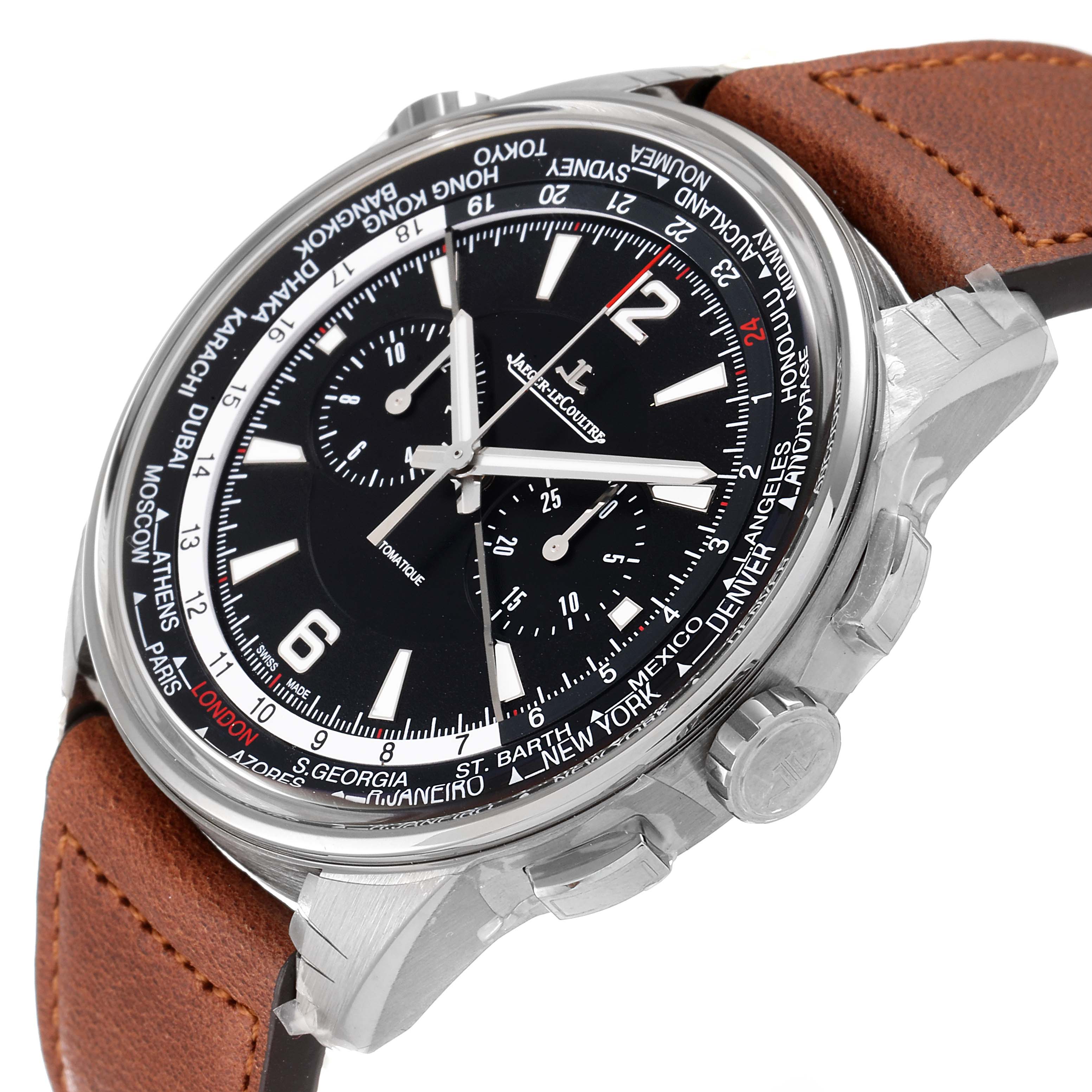 The image shows a front angled view of the Jaeger LeCoultre Polaris Q905T471 Men's Titanium Black Dial Q905T471 Men's Titanium Black Dial watch with a brown leather strap and black dial detailing.