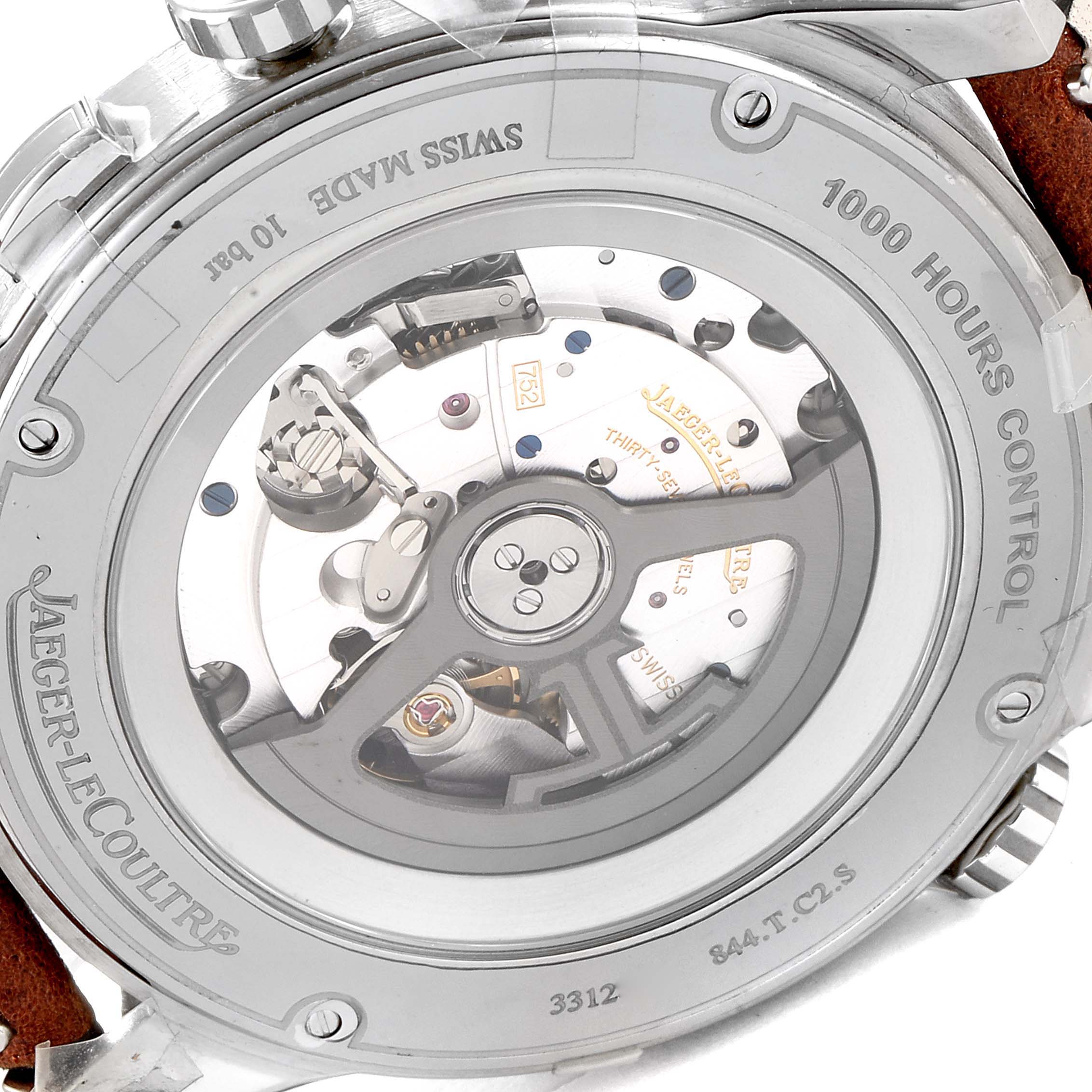 This image shows the back of the Jaeger LeCoultre Polaris Q905T471 Men's Titanium Black Dial Q905T471 Men's Titanium Black Dial watch, highlighting its internal mechanism and engraving.