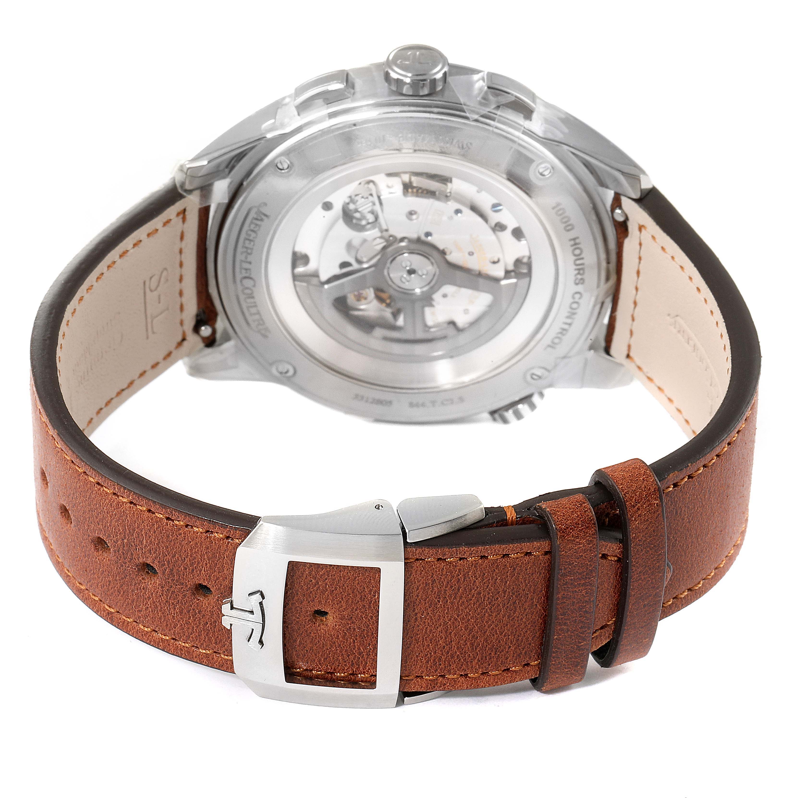 The image shows the back view of the Jaeger LeCoultre Polaris Q905T471 Men's Titanium Black Dial Q905T471 Men's Titanium Black Dial watch, highlighting its transparent case back and brown leather strap.