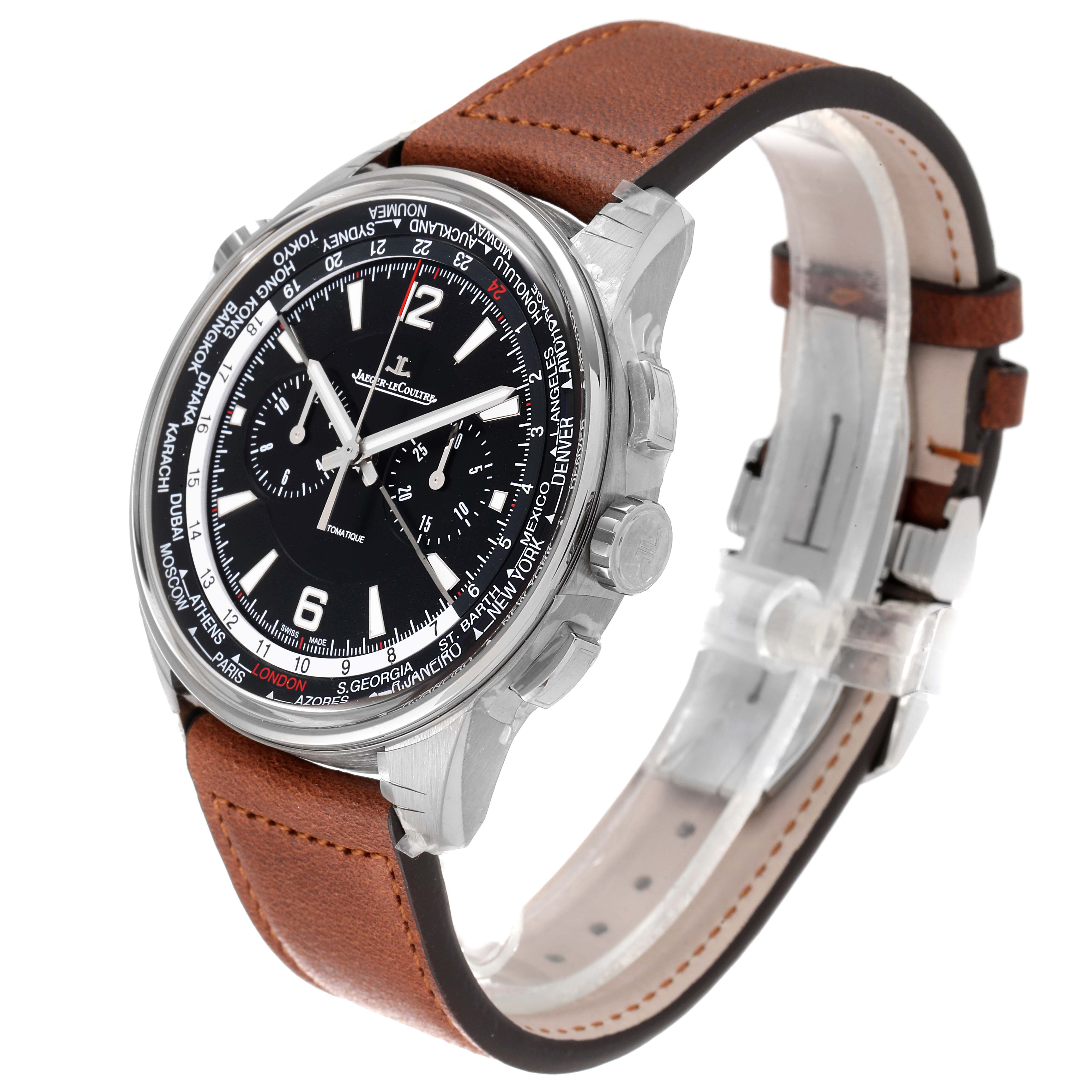 The Jaeger LeCoultre Polaris Q905T471 Men's Titanium Black Dial Q905T471 Men's Titanium Black Dial watch is shown at a slight angle, highlighting its black dial, chronograph functions, and brown leather strap.