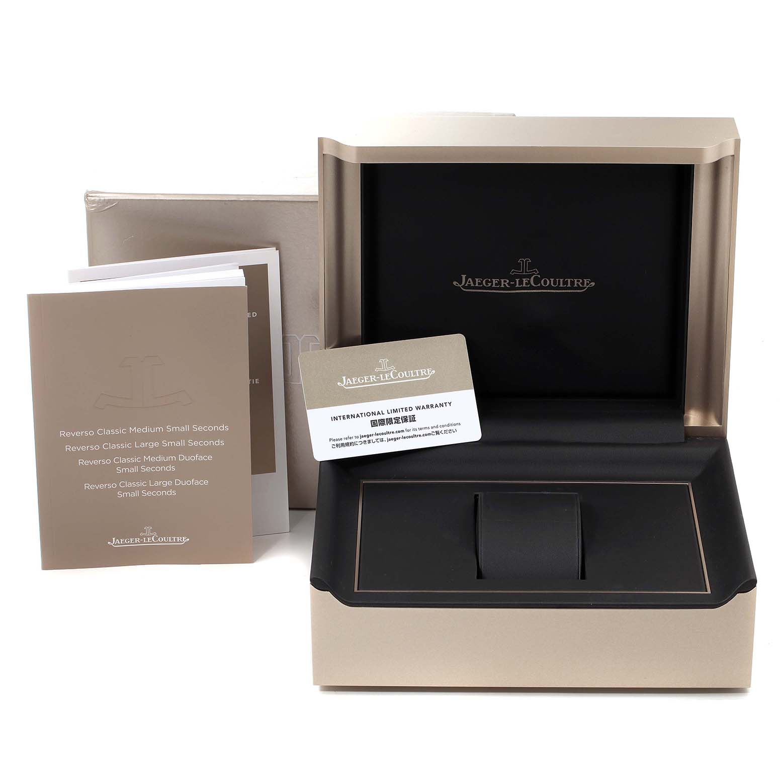 The image shows the open box, warranty card, and manuals for the Jaeger LeCoultre Reverso Q3858520 Men's Stainless Steel Silver Dial Q3858520 Men's Stainless Steel Silver Dial watch model.