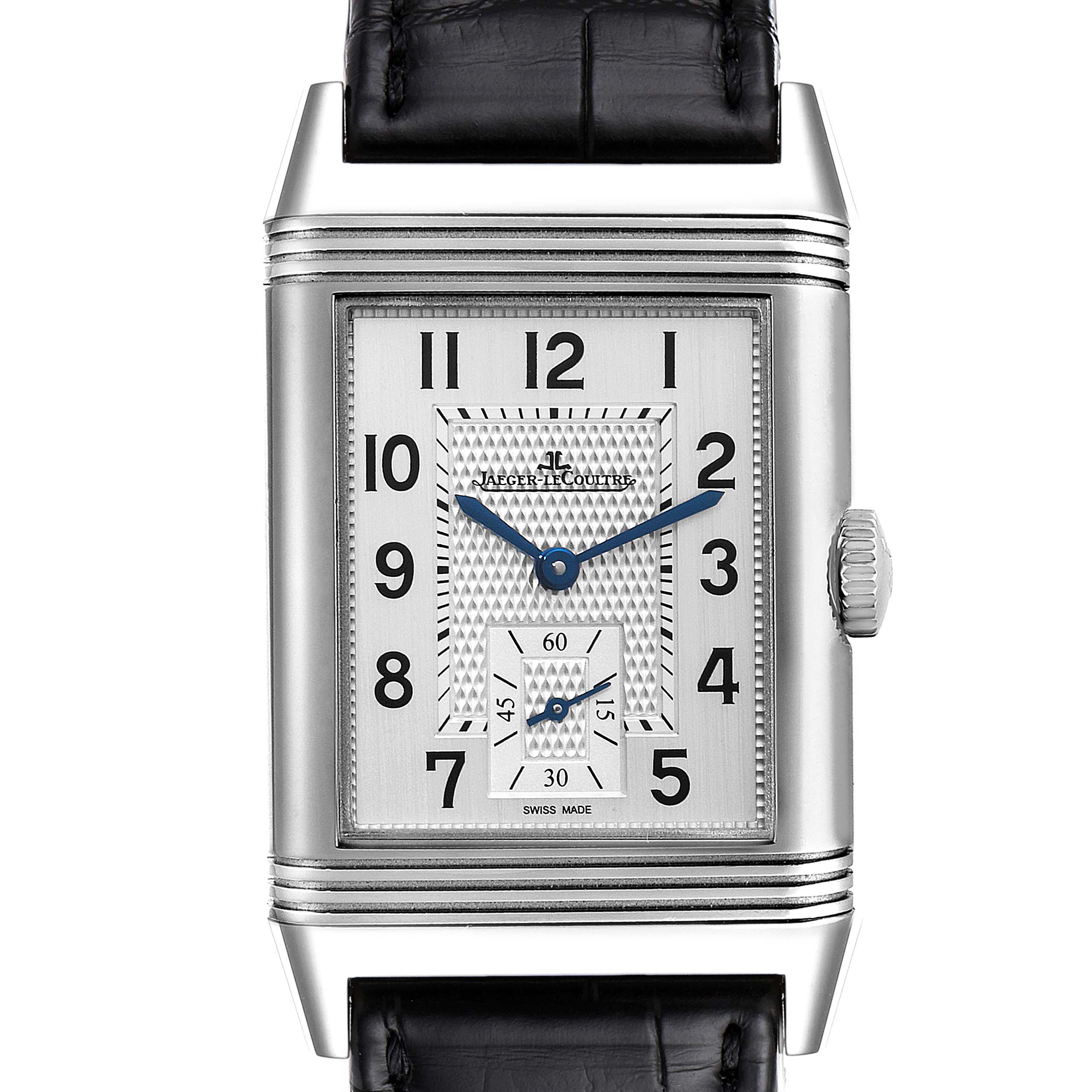 The image shows a front view of the Jaeger LeCoultre Reverso Q3858520 Men's Stainless Steel Silver Dial Q3858520 Men's Stainless Steel Silver Dial watch, highlighting its rectangular face and leather band.