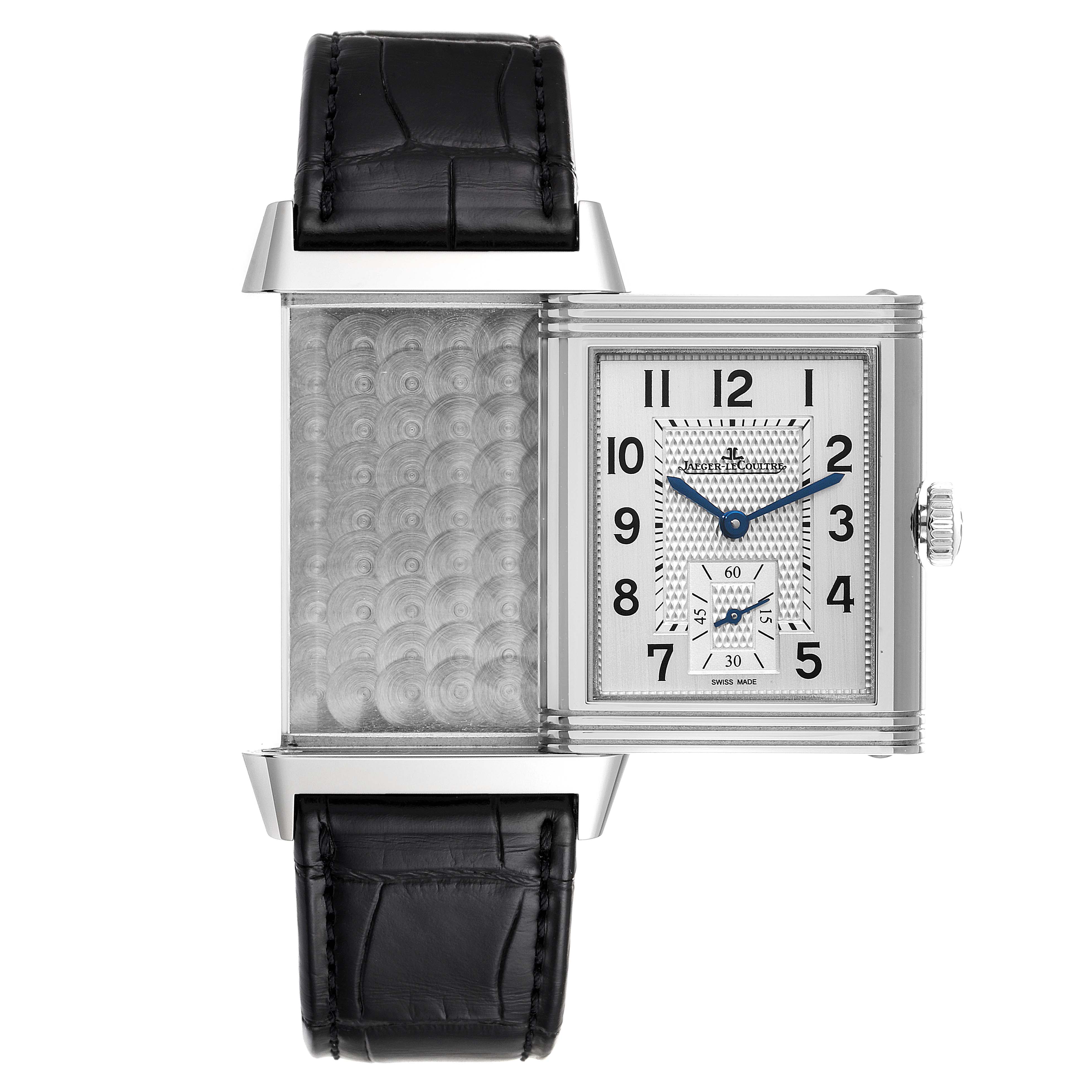The Jaeger LeCoultre Reverso Q3858520 Men's Stainless Steel Silver Dial Q3858520 Men's Stainless Steel Silver Dial model is shown from the front with its case partially rotated, exposing the back and front dials.