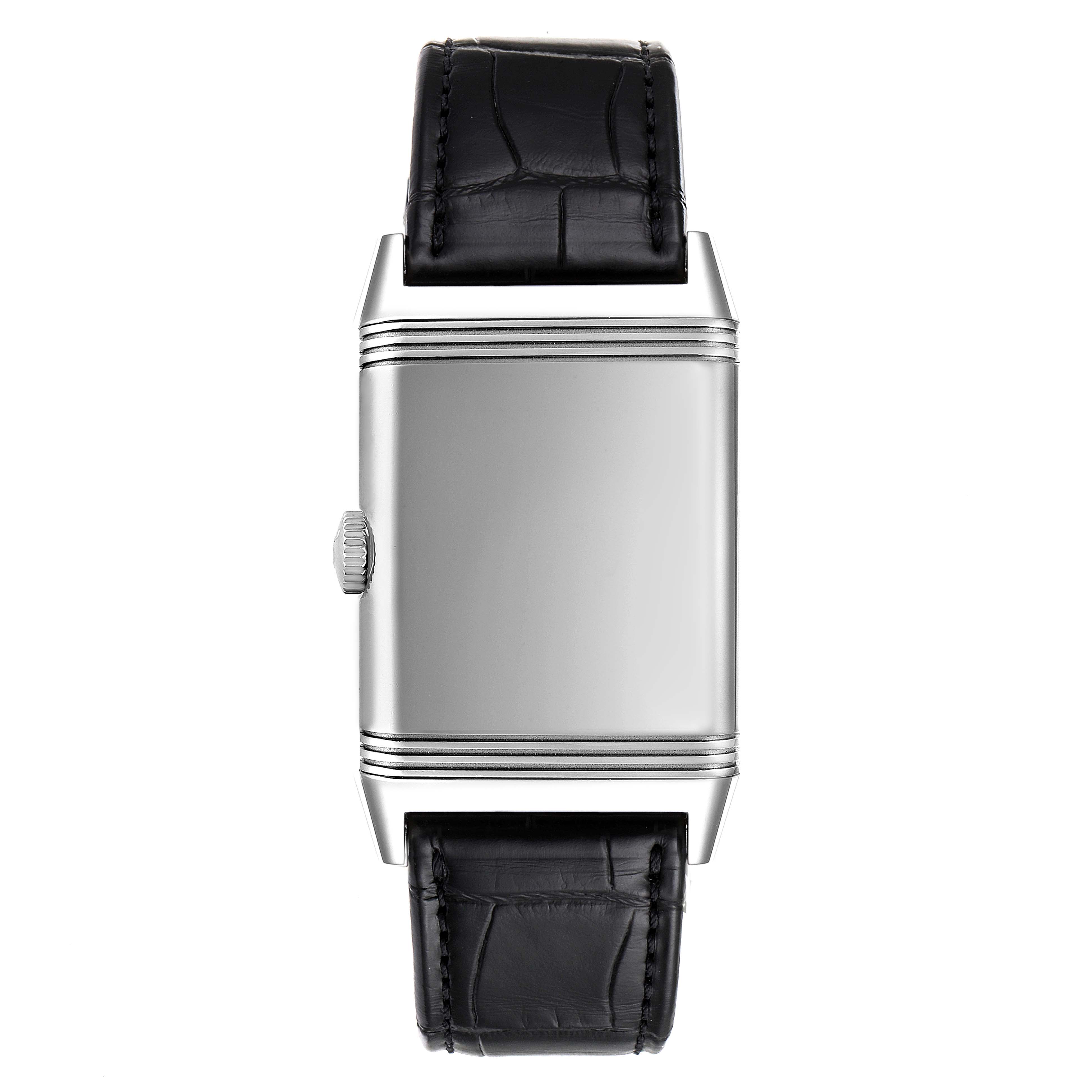 The image shows a front view of a Jaeger LeCoultre Reverso Q3858520 Men's Stainless Steel Silver Dial Q3858520 Men's Stainless Steel Silver Dial watch featuring its strap, case, and crown.