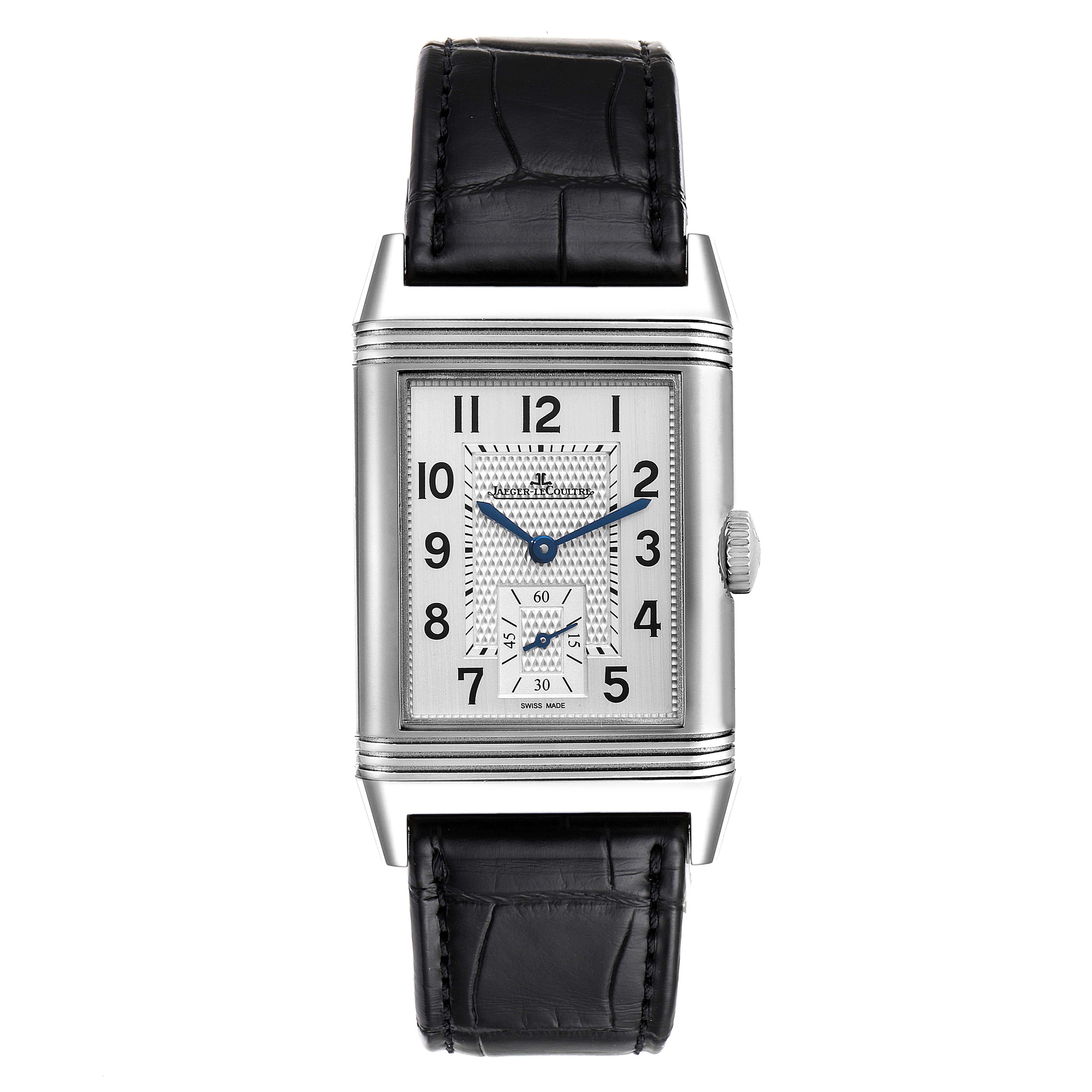 The image shows a front view of the Jaeger LeCoultre Reverso Q3858520 Men's Stainless Steel Silver Dial Q3858520 Men's Stainless Steel Silver Dial watch, featuring a rectangular dial and a black leather strap.