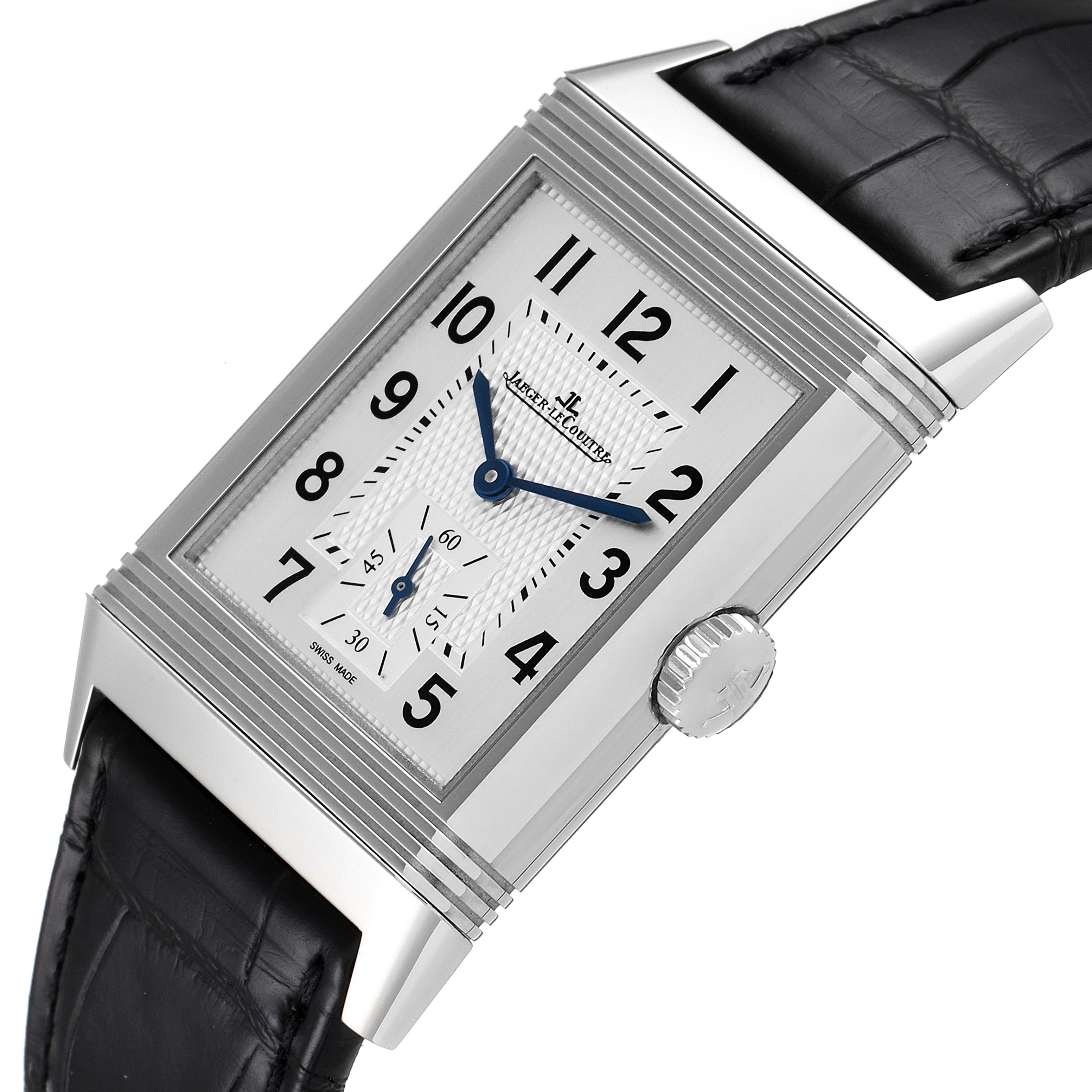 The image shows a close-up side-angle view of a Jaeger-LeCoultre Reverso watch, highlighting its dial and crown with a black leather strap.