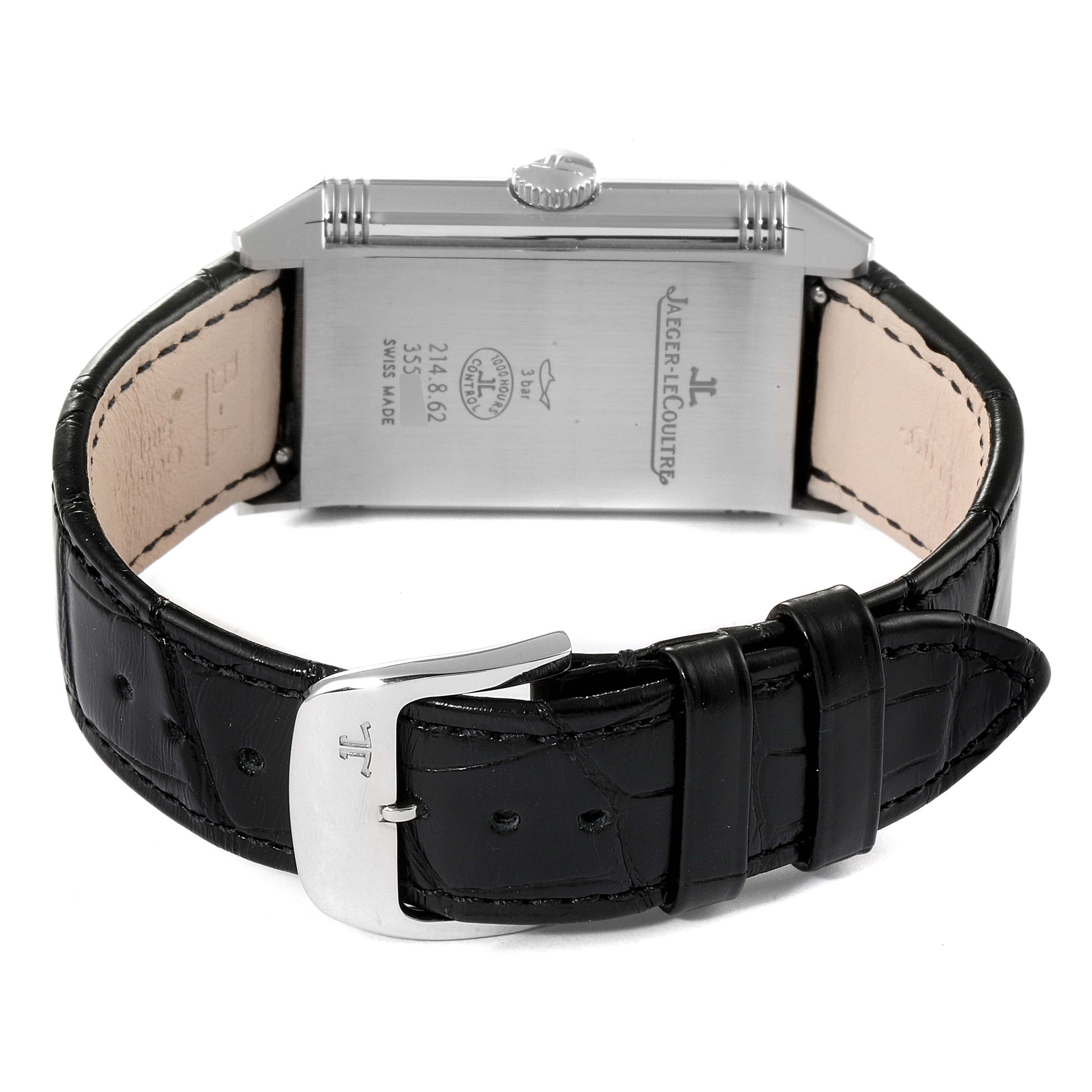 The image shows the back view of a Jaeger LeCoultre Reverso Q3858520 Men's Stainless Steel Silver Dial Q3858520 Men's Stainless Steel Silver Dial watch, including its case back, crown, and black leather strap with a buckle.