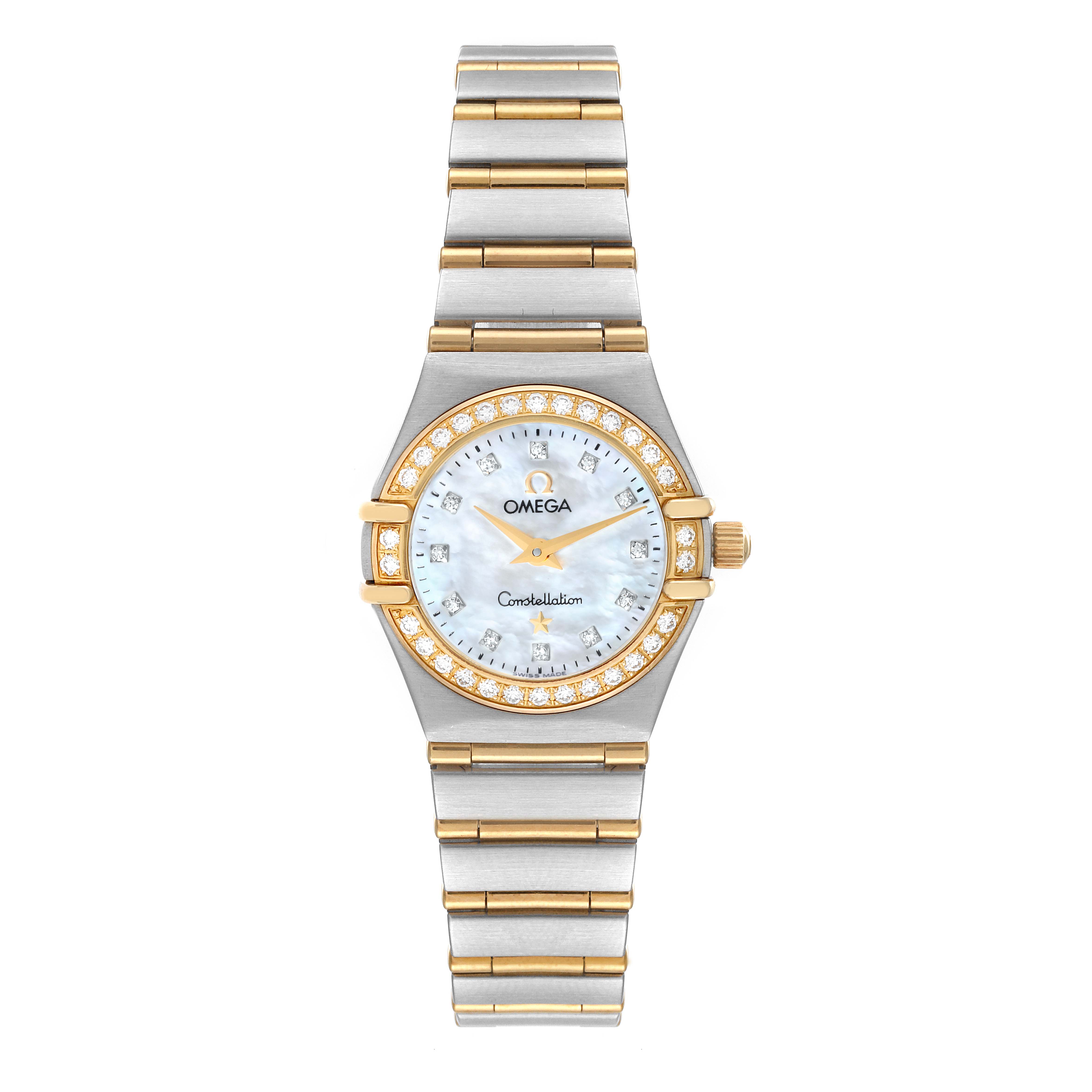 The Omega 1267.75.00 Women
s Steel and Gold (two tone) Mother of Pearl Dial 1267.75.00 Women
s Steel and Gold (two tone) Mother of Pearl Dial Constellation 95 Mother of Pearl Diamond Ladies Watch 1267.75.00 is shown from a top-down angle, highlighting its face, bezel, and bracelet.