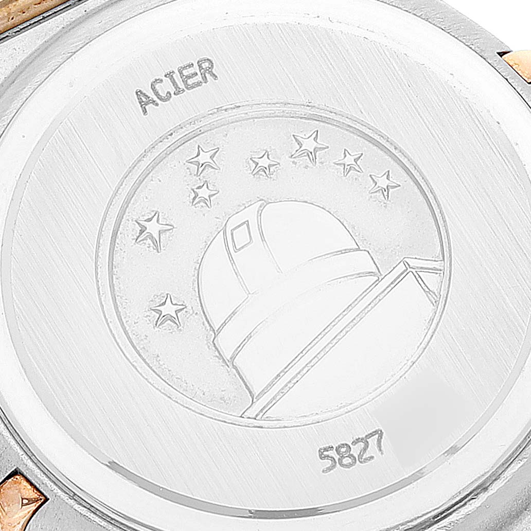 This image shows the back of the Omega 1267.75.00 Women
s Steel and Gold (two tone) Mother of Pearl Dial 1267.75.00 Women
s Steel and Gold (two tone) Mother of Pearl Dial Constellation 95 Mother of Pearl Diamond Ladies Watch 1267.75.00, featuring an observatory engraving.