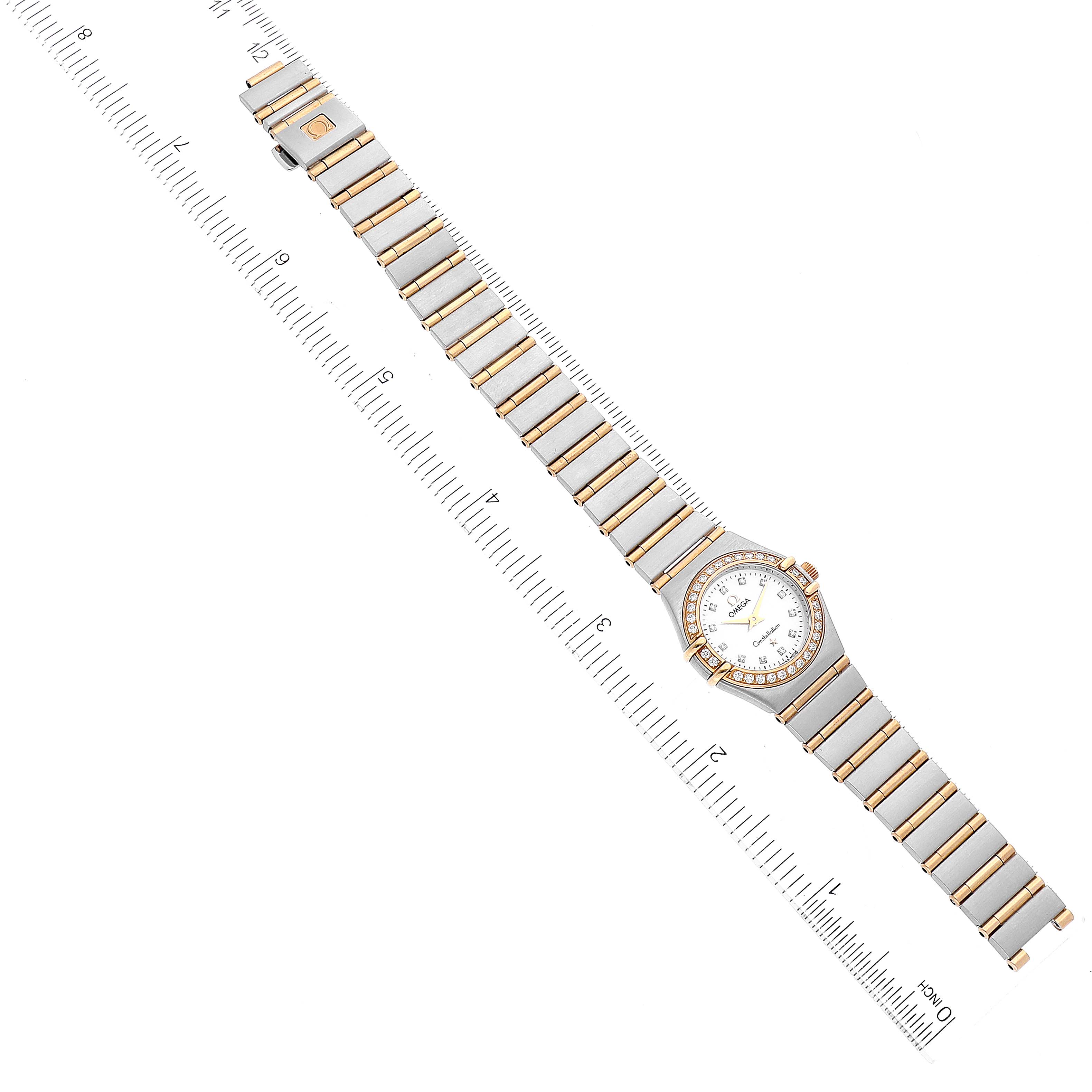 The image shows an aerial view of the Omega 1267.75.00 Women
s Steel and Gold (two tone) Mother of Pearl Dial 1267.75.00 Women
s Steel and Gold (two tone) Mother of Pearl Dial Constellation 95 Mother of Pearl Diamond Ladies Watch 1267.75.00, including the full strap and dial.