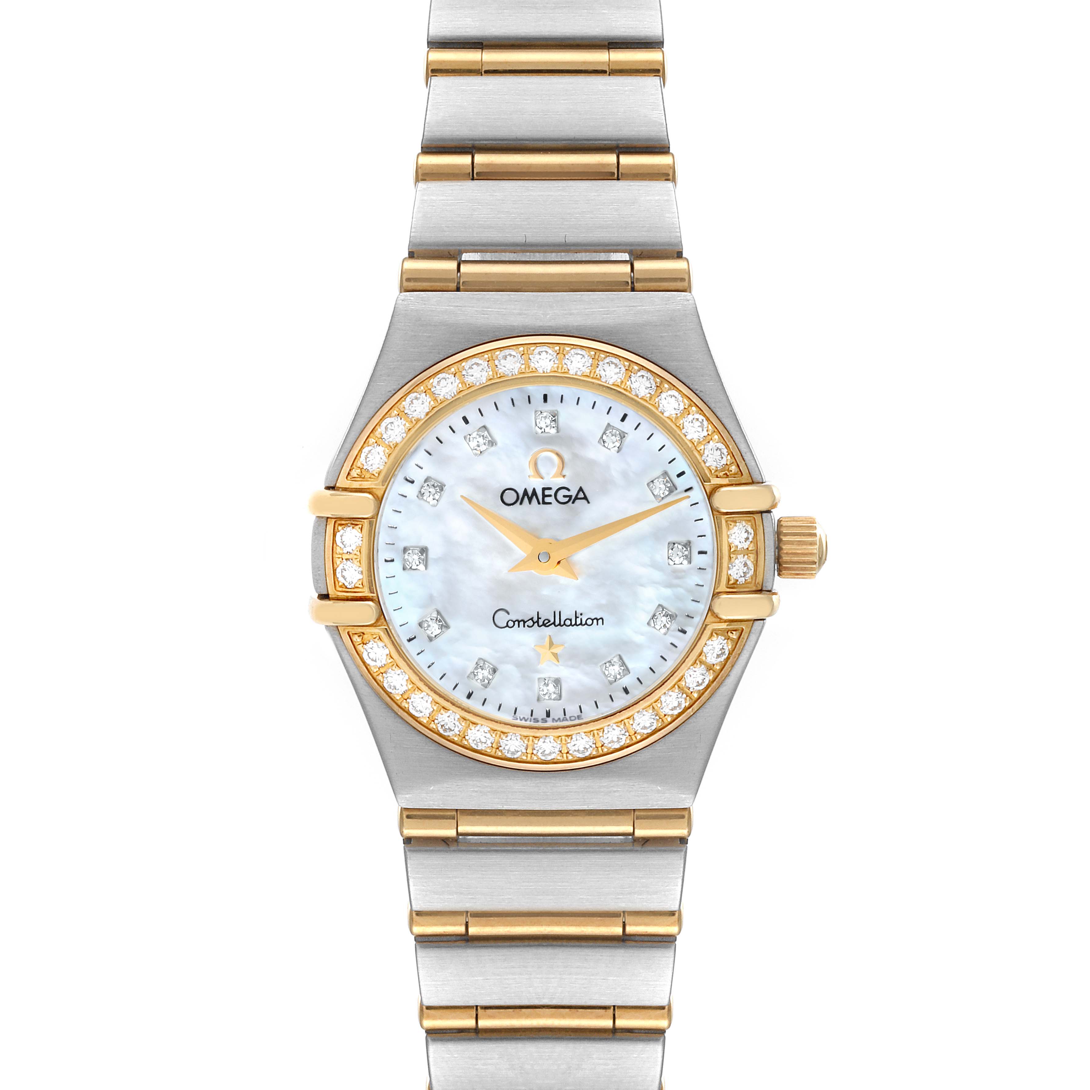 This image shows a frontal view of the Omega 1267.75.00 Women
s Steel and Gold (two tone) Mother of Pearl Dial 1267.75.00 Women
s Steel and Gold (two tone) Mother of Pearl Dial Constellation 95 Mother of Pearl Diamond Ladies Watch 1267.75.00, highlighting the dial, bezel, and bracelet.
