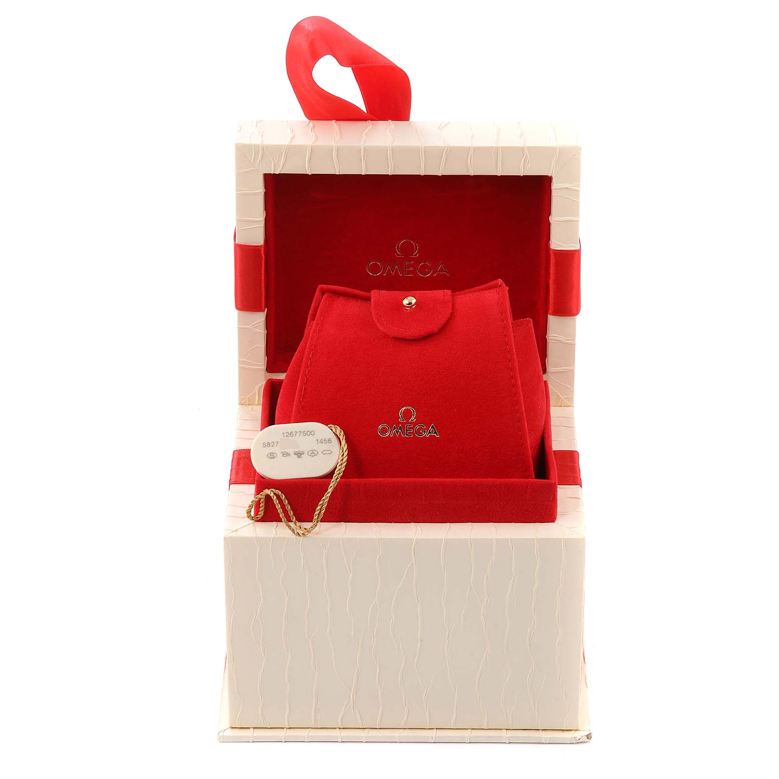 The image shows the packaging and red suede pouch for the Omega 1267.75.00 Women
s Steel and Gold (two tone) Mother of Pearl Dial 1267.75.00 Women
s Steel and Gold (two tone) Mother of Pearl Dial Constellation 95 Mother of Pearl Diamond Ladies Watch 1267.75.00.