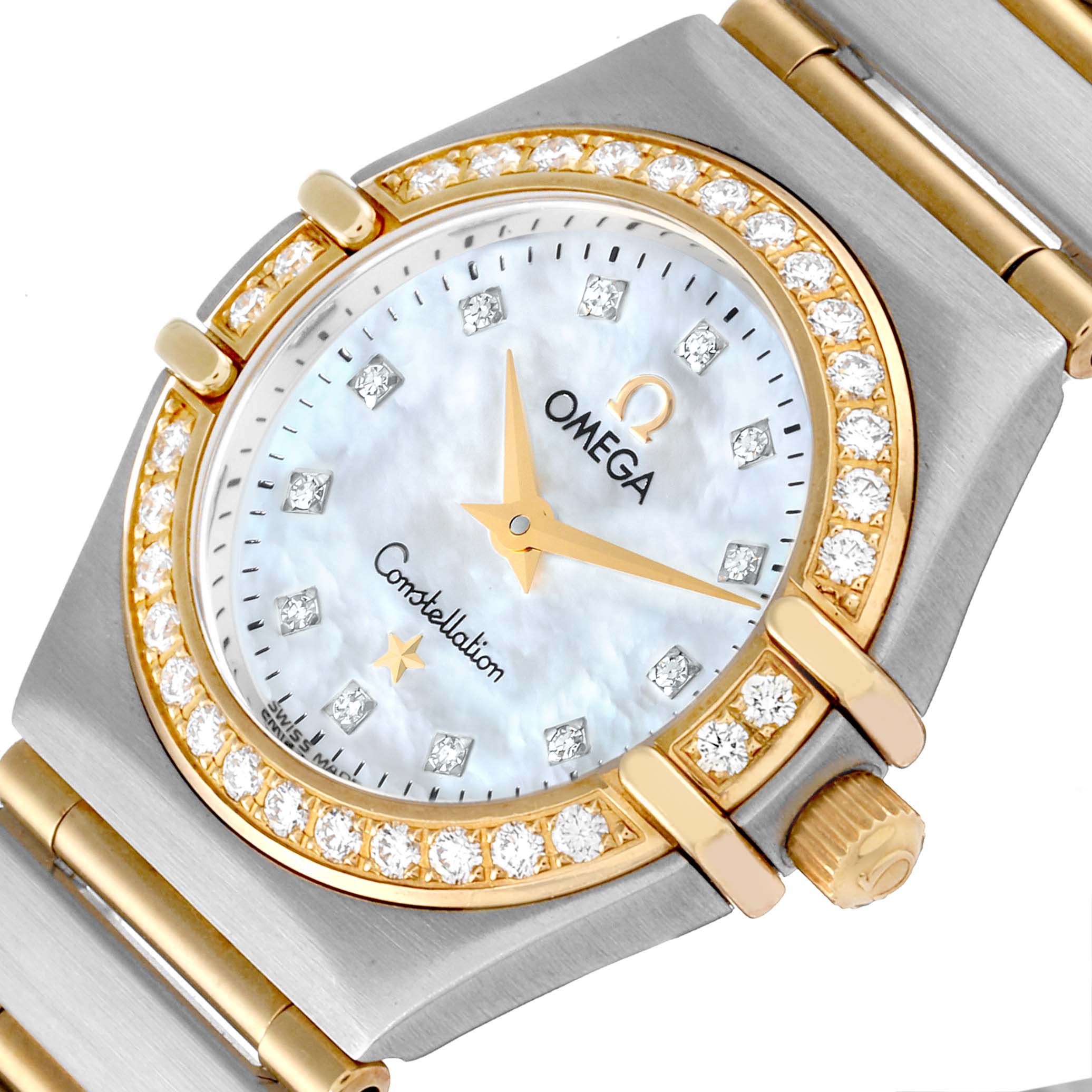 The Omega 1267.75.00 Women
s Steel and Gold (two tone) Mother of Pearl Dial 1267.75.00 Women
s Steel and Gold (two tone) Mother of Pearl Dial Constellation 95 Mother of Pearl Diamond Ladies Watch 1267.75.00 is shown from a top angle, highlighting its dial, bezel, and bracelet.
