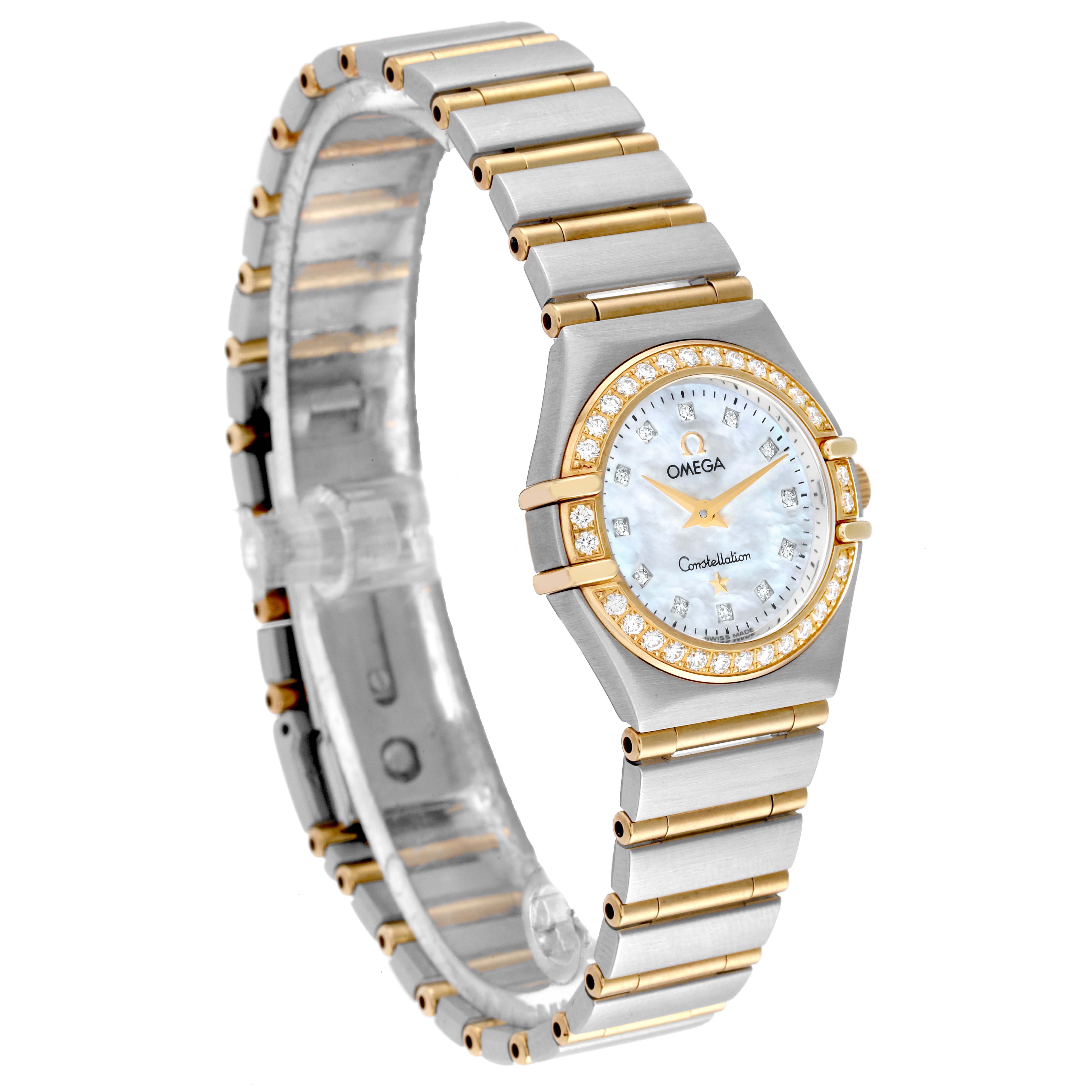 The image shows a left-side angled view of the Omega 1267.75.00 Women
s Steel and Gold (two tone) Mother of Pearl Dial 1267.75.00 Women
s Steel and Gold (two tone) Mother of Pearl Dial Constellation 95 Mother of Pearl Diamond Ladies Watch 1267.75.00.