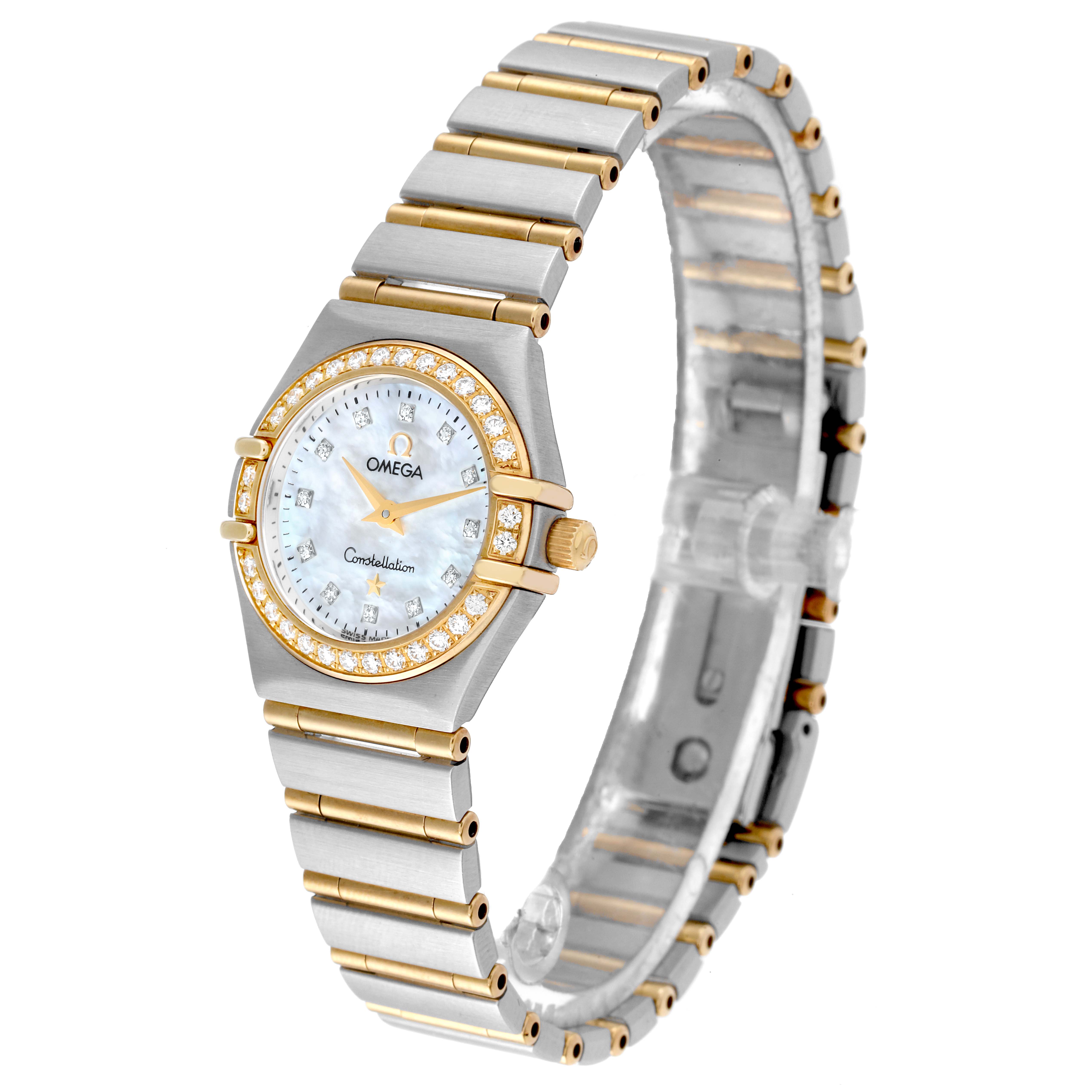 The image shows an angled view of the Omega 1267.75.00 Women
s Steel and Gold (two tone) Mother of Pearl Dial 1267.75.00 Women
s Steel and Gold (two tone) Mother of Pearl Dial Constellation 95 Mother of Pearl Diamond Ladies Watch 1267.75.00, displaying the face and bracelet.