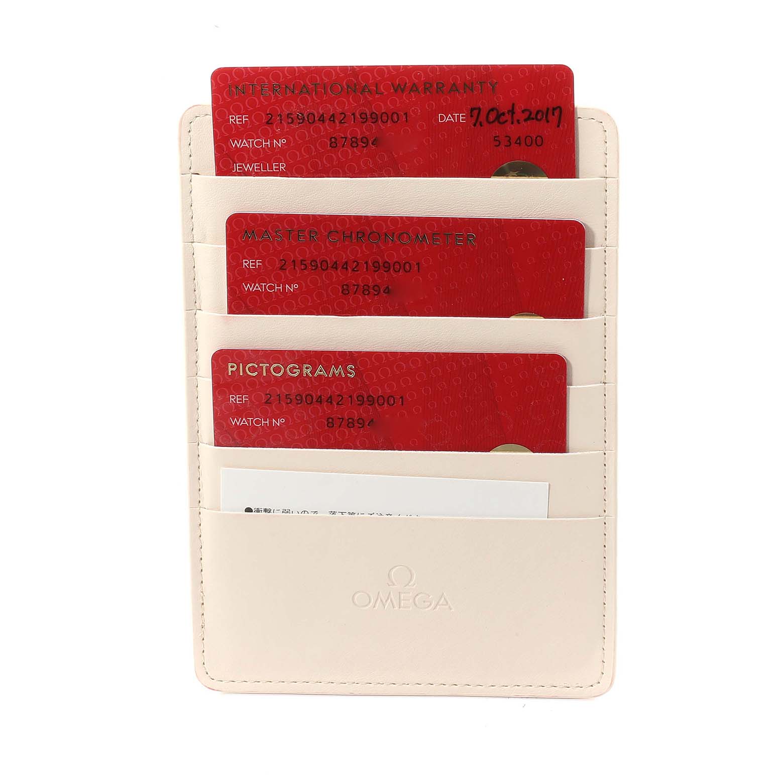 The image shows Omega Planet Ocean 215.90.44.21.99.001 Men's Titanium Grey Dial 215.90.44.21.99.001 Men's Titanium Grey Dial model warranty cards and documents in a white cardholder.