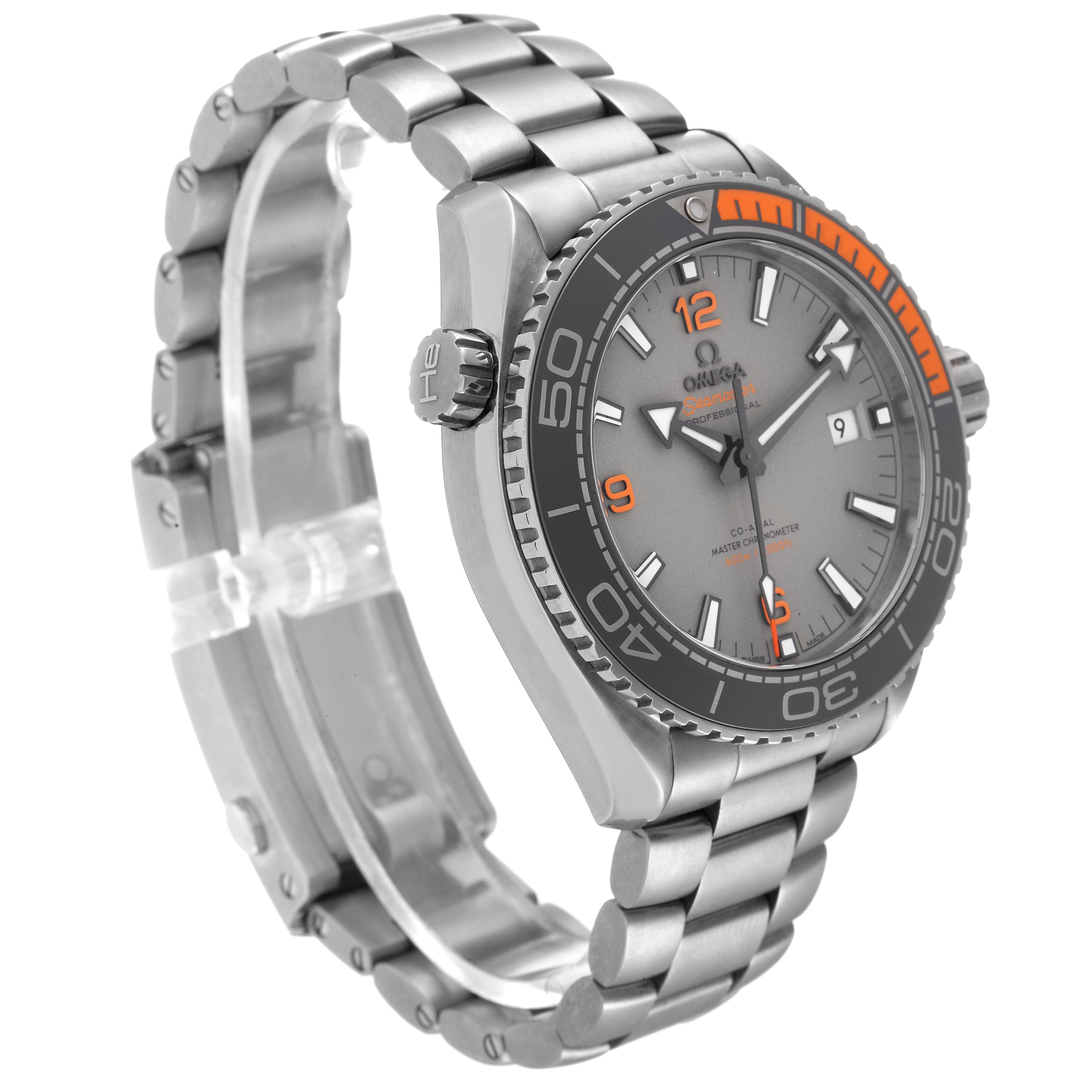 The Omega Planet Ocean 215.90.44.21.99.001 Men's Titanium Grey Dial 215.90.44.21.99.001 Men's Titanium Grey Dial watch is shown from an oblique angle, highlighting its bracelet, bezel, and dial.