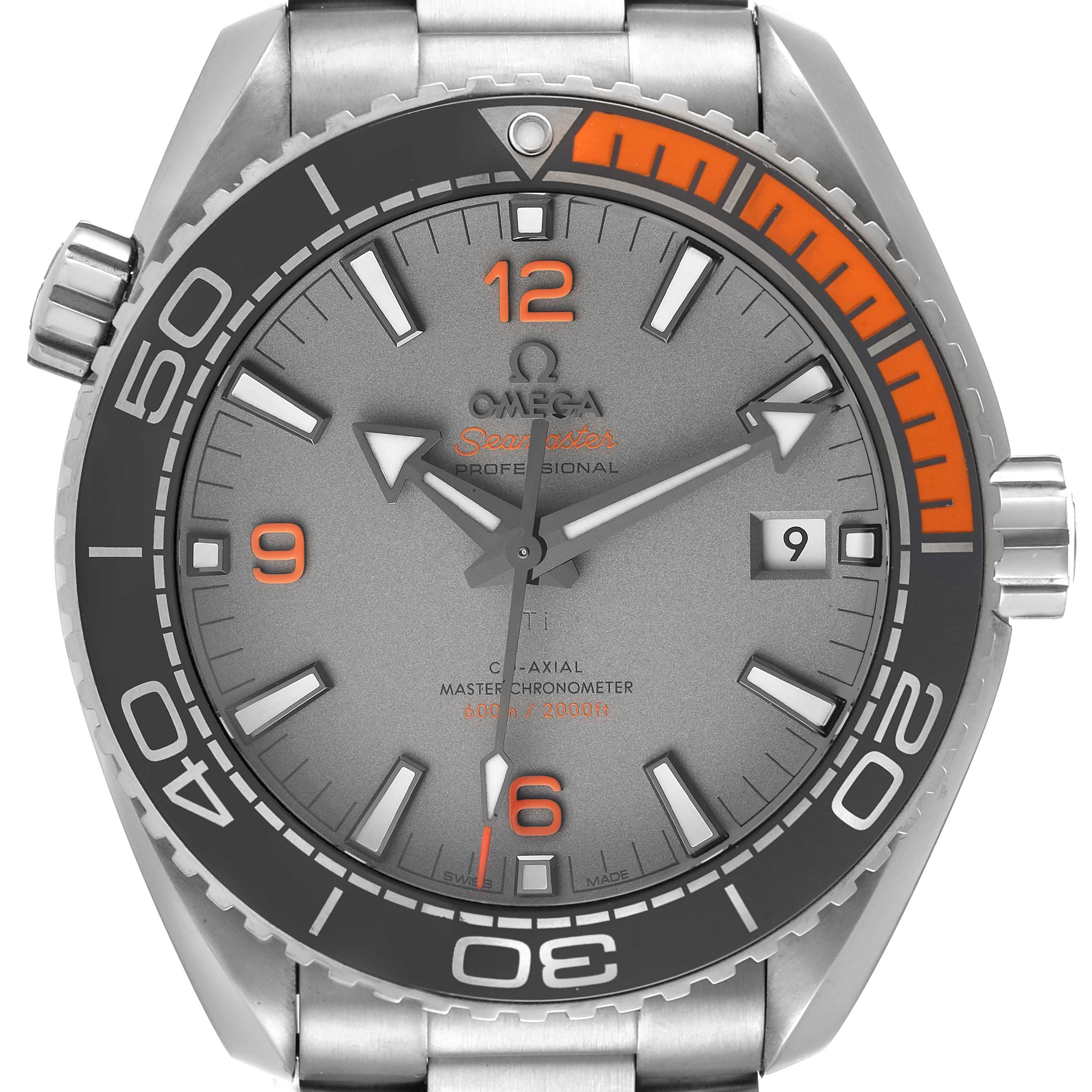 This Omega Planet Ocean 215.90.44.21.99.001 Men's Titanium Grey Dial 215.90.44.21.99.001 Men's Titanium Grey Dial watch is shown from the front, highlighting its dial, bezel, and crown.