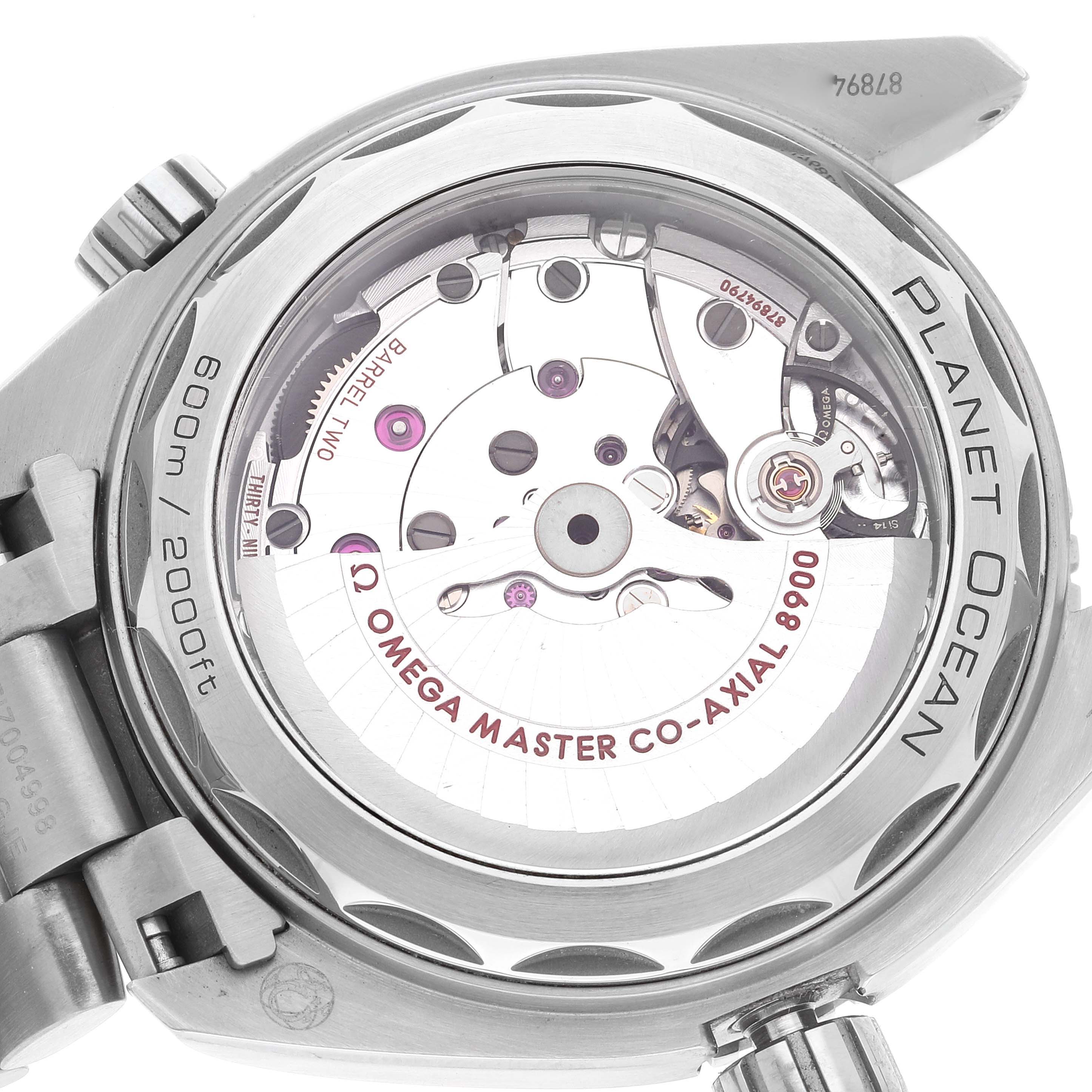 The image shows the back view of the Omega Planet Ocean 215.90.44.21.99.001 Men's Titanium Grey Dial 215.90.44.21.99.001 Men's Titanium Grey Dial watch, highlighting its Omega Master Co-Axial 8900 movement.