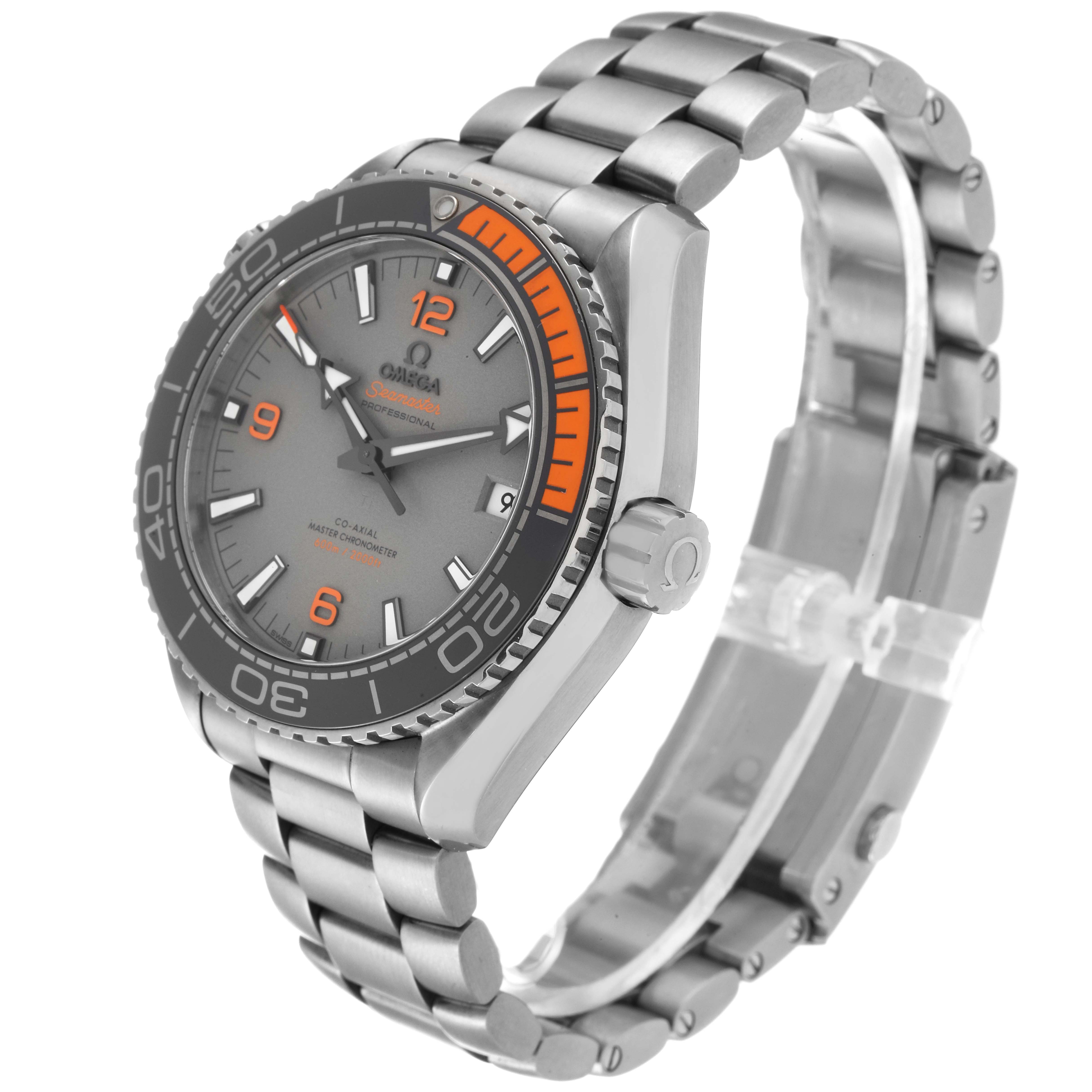 The image shows a side angle of the Omega Planet Ocean 215.90.44.21.99.001 Men's Titanium Grey Dial 215.90.44.21.99.001 Men's Titanium Grey Dial watch, featuring the bezel, face, crown, and bracelet.